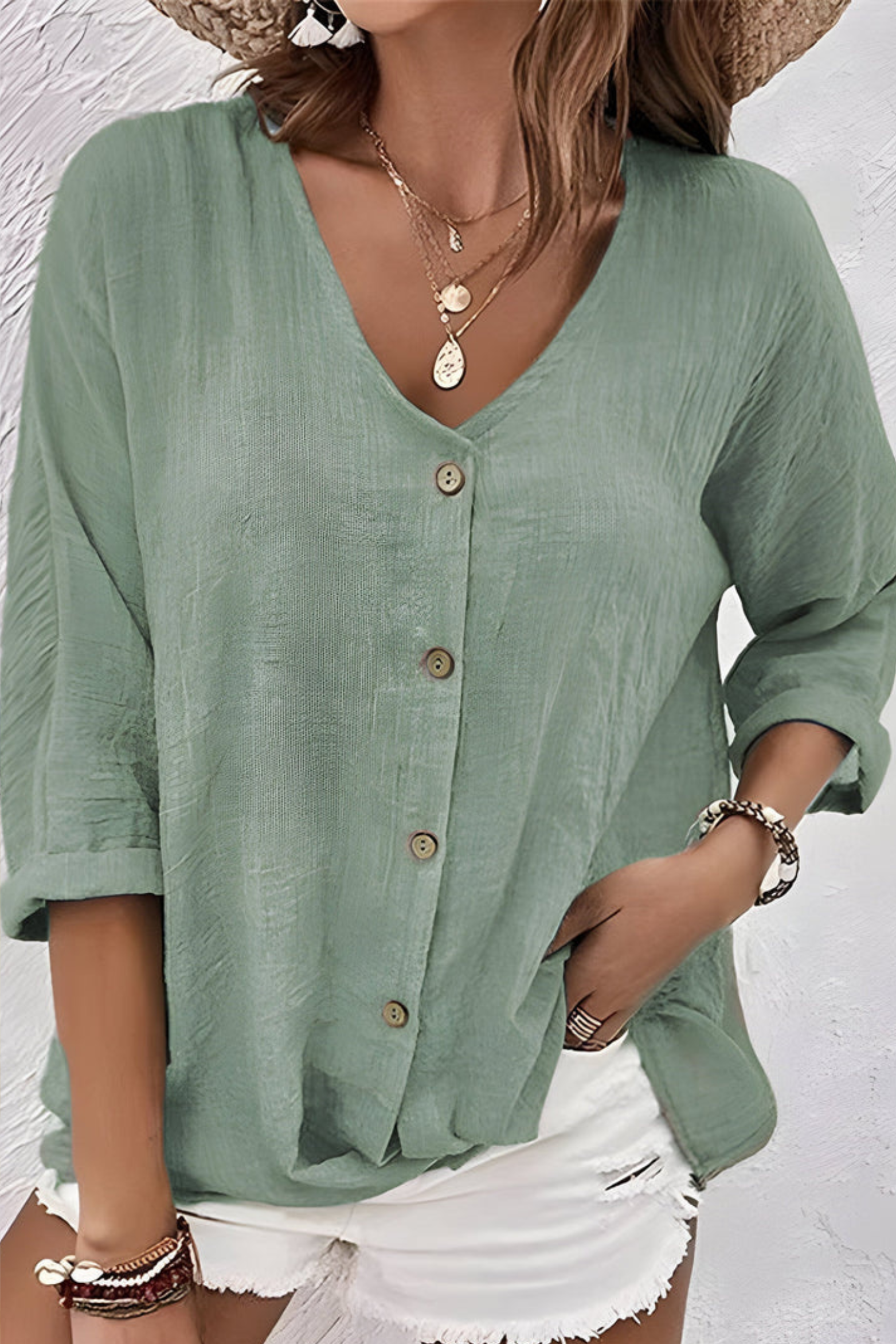 V Neck Button Up Blouse