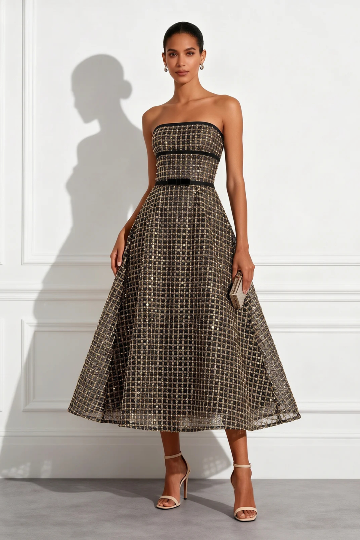 Plaid Sequin Bow A Line Midi Dress