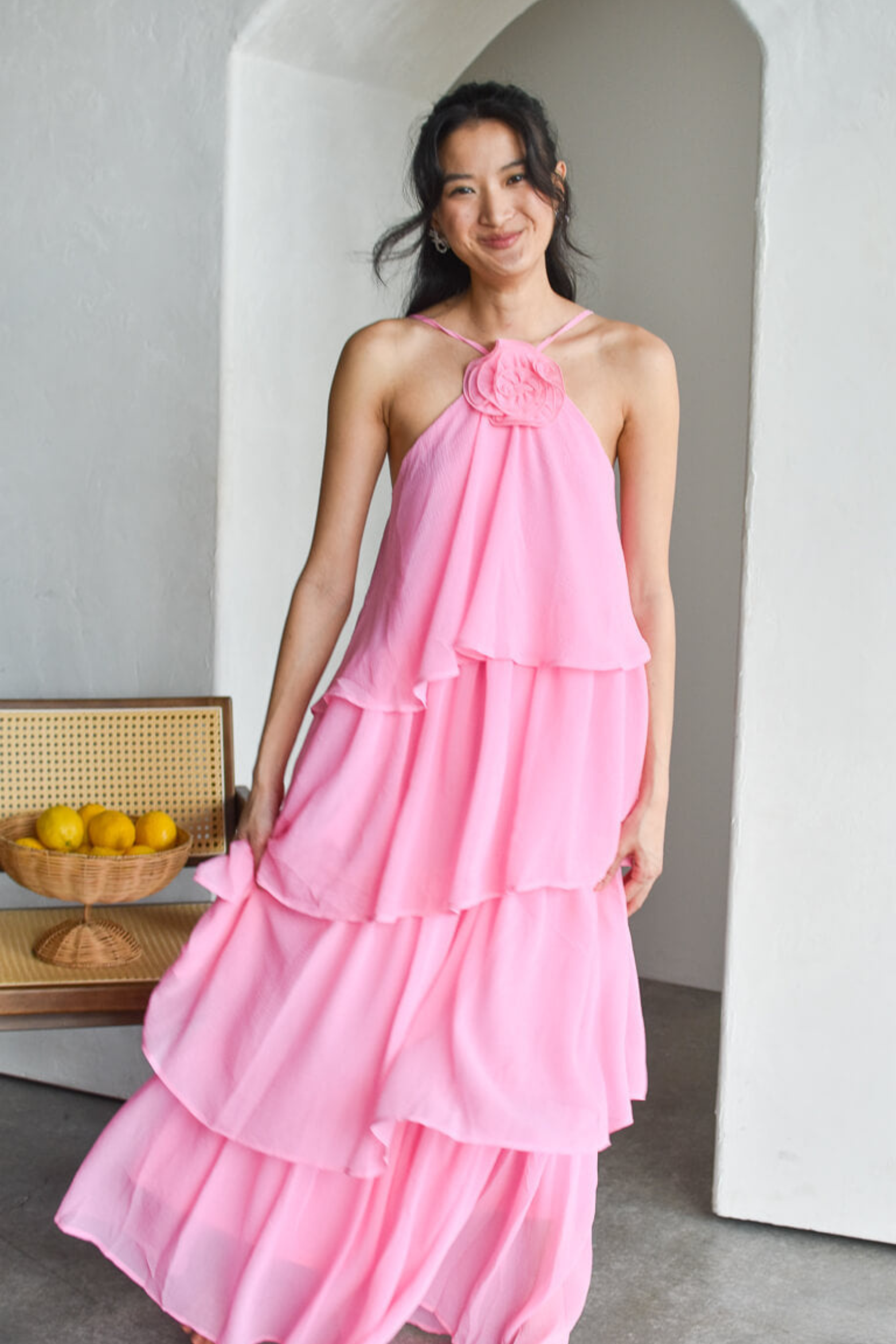 Rosette Detail Flowing Maxi Dress