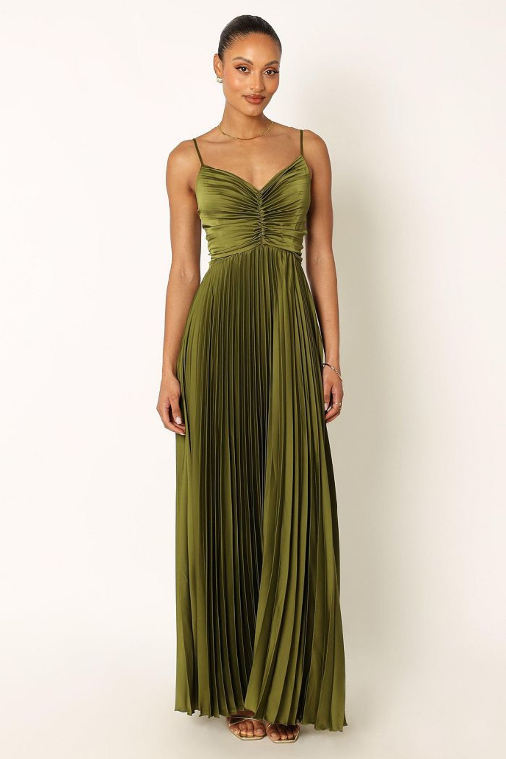 Pleated Satin Maxi Dress with V Neckline