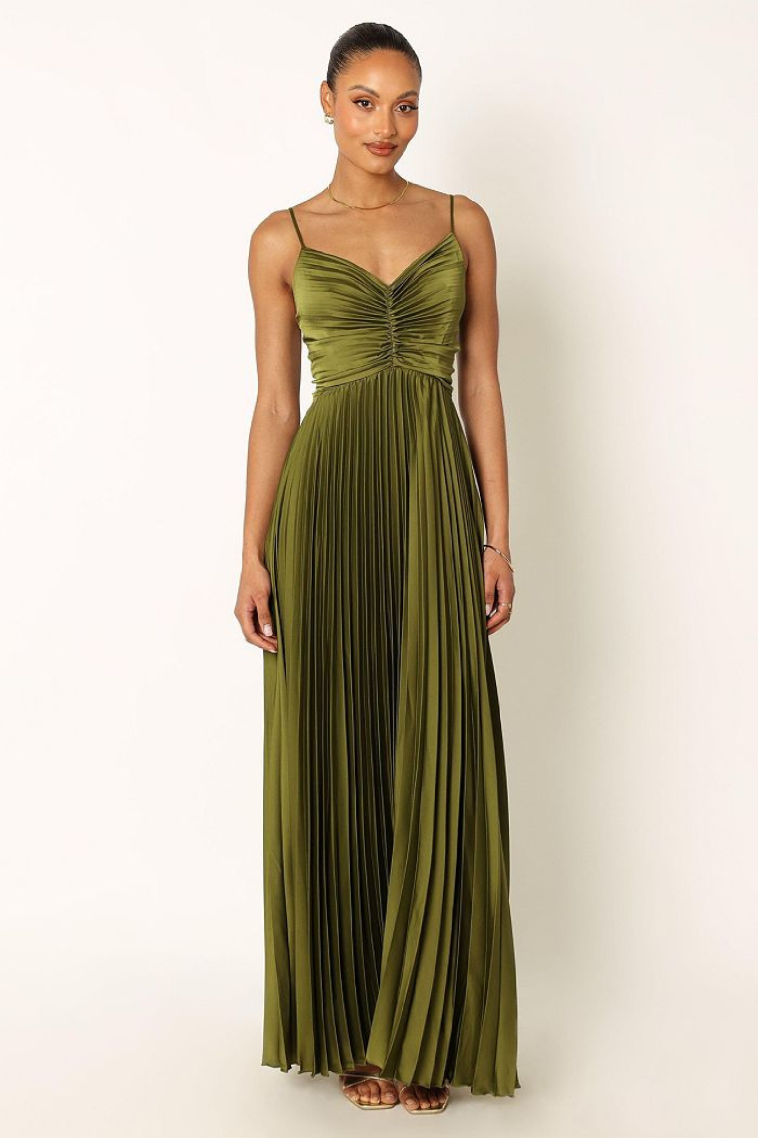 Pleated Satin Maxi Dress with V Neckline