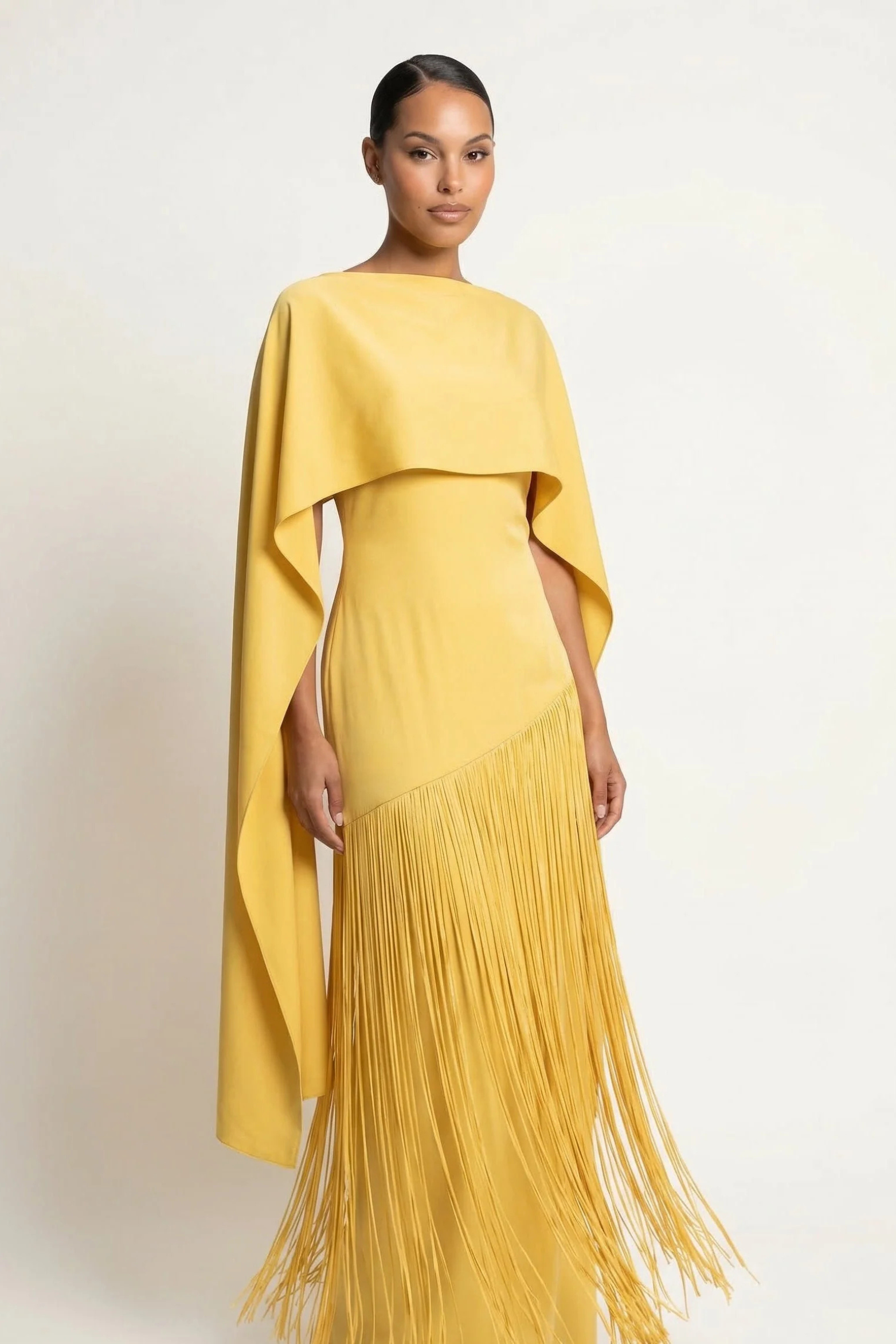Cape Sleeve Fringe Maxi Dress