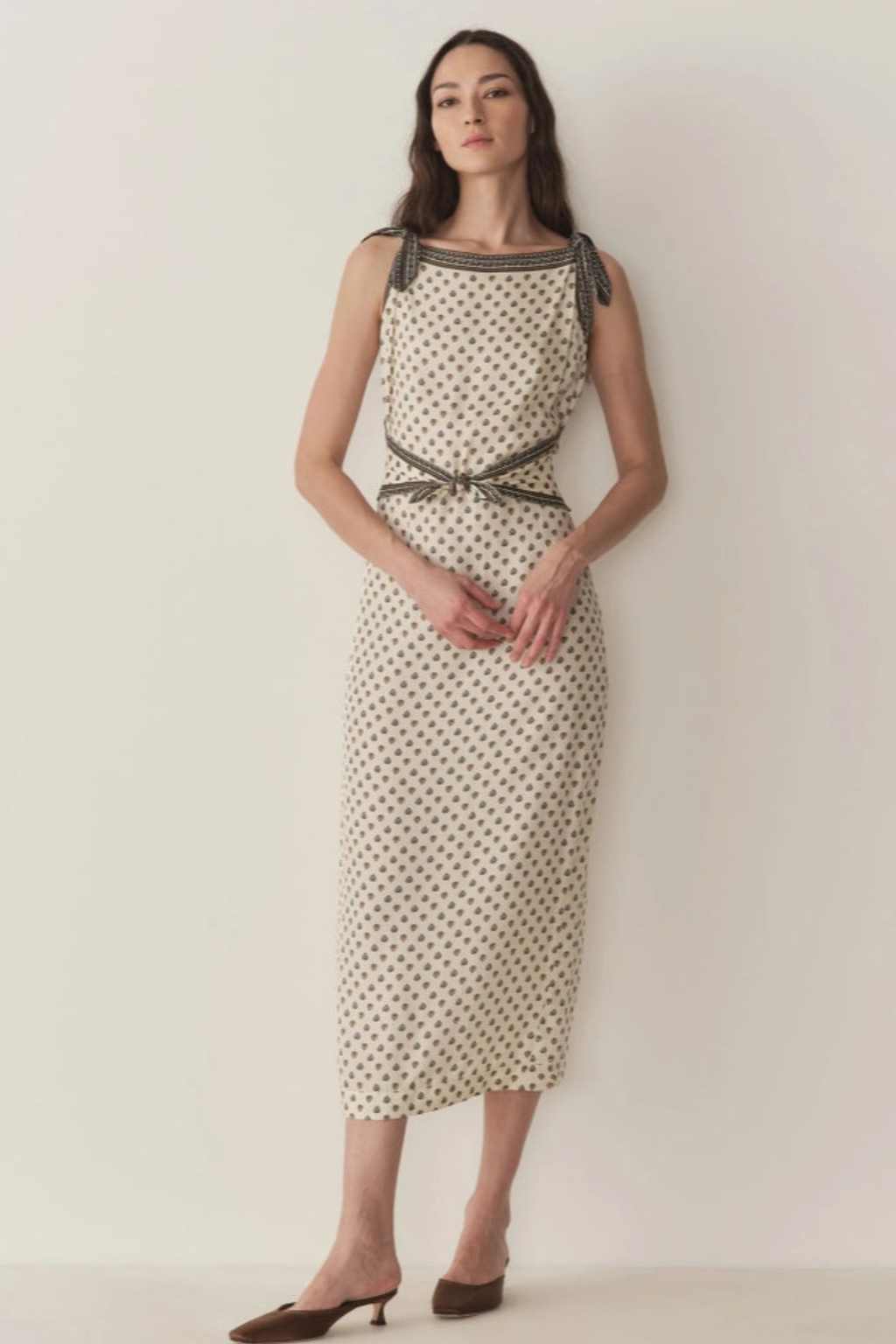 Cream Geometric Tie Strap Midi Dress