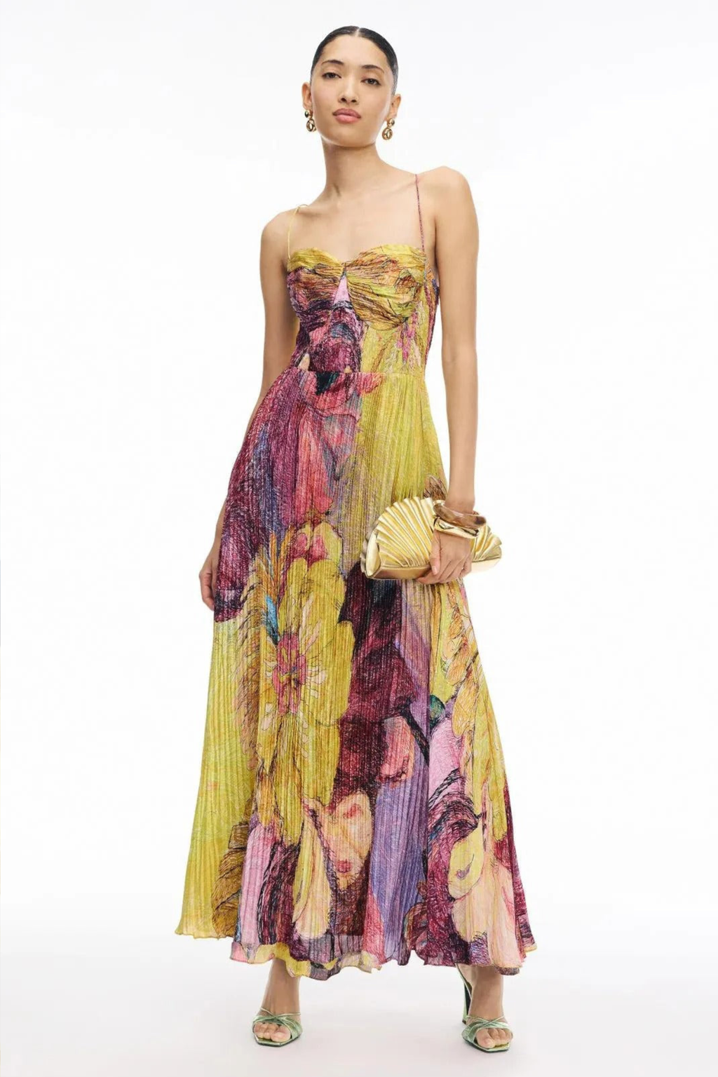 Floral Pleated Swing Maxi Dress with Spaghetti Straps