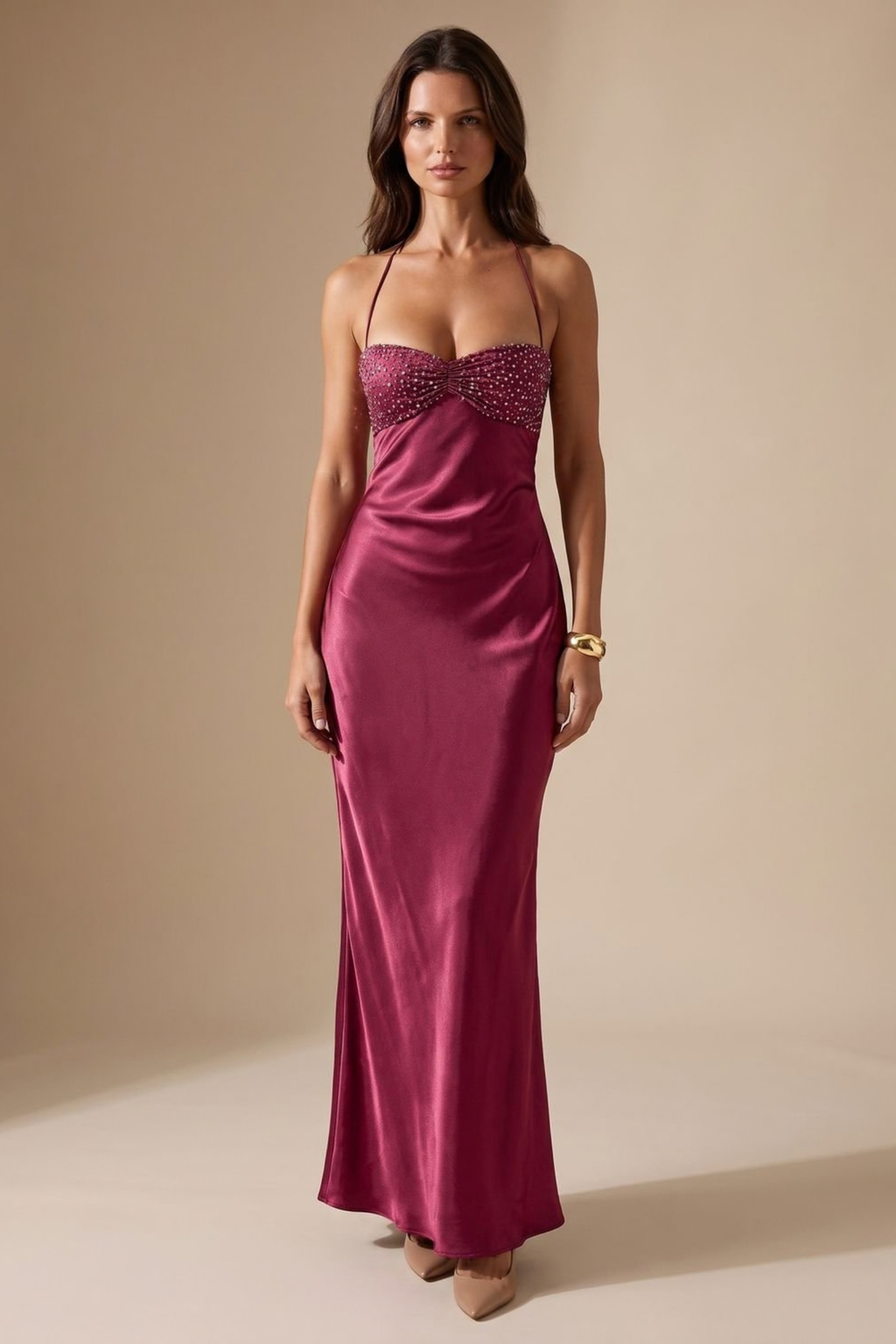 Rhinestone Halter Neck Embellished Maxi Dress