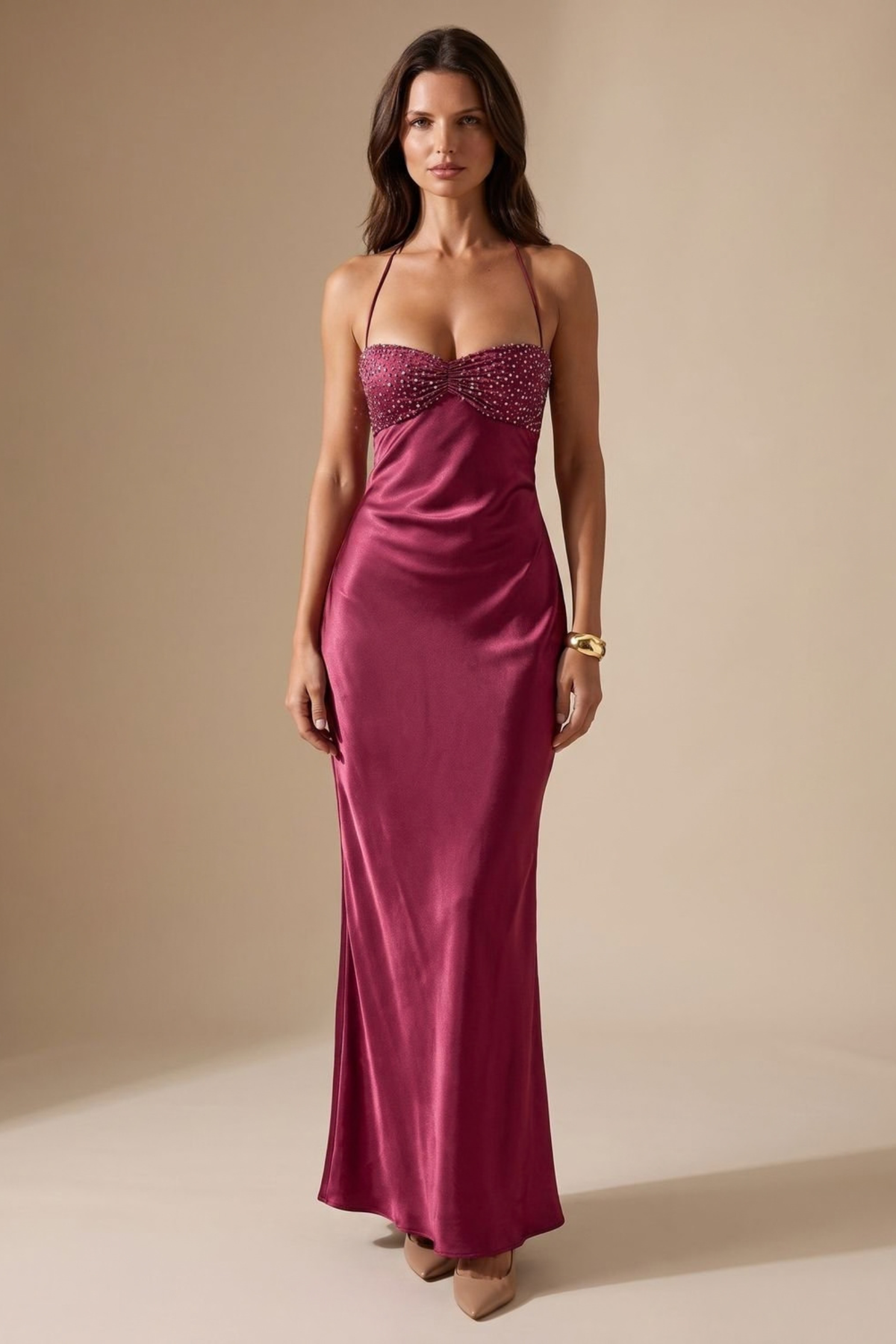 Rhinestone Halter Neck Embellished Maxi Dress