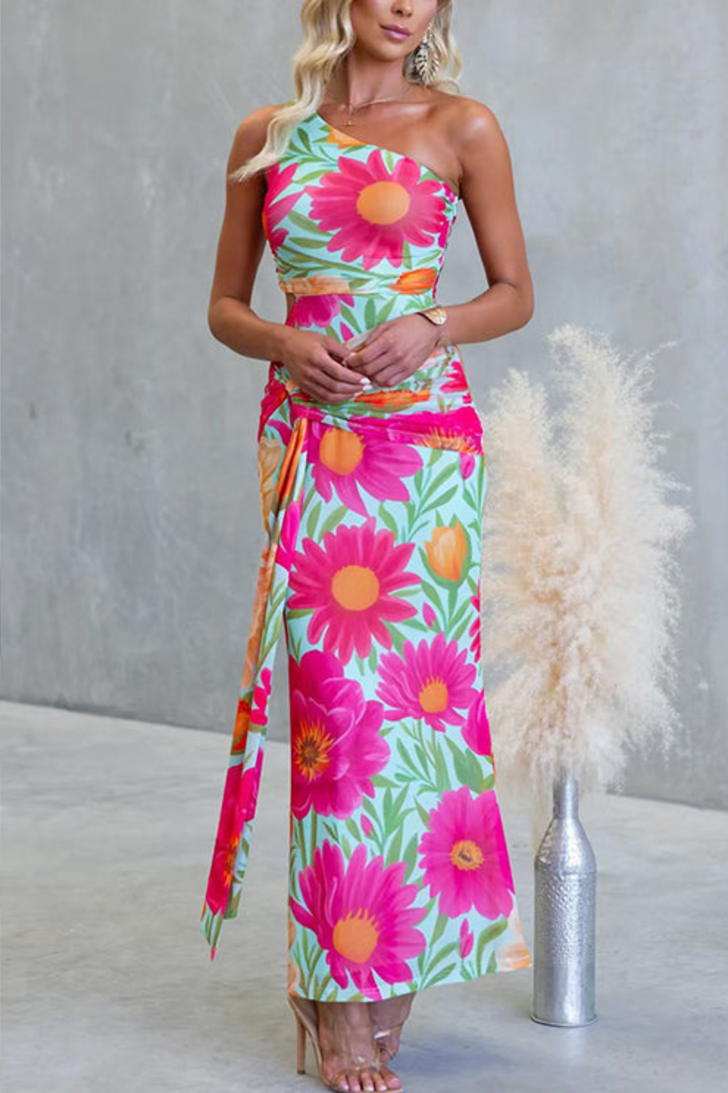 Romantic Floral One Shoulder Maxi Dress with Flowing Drape