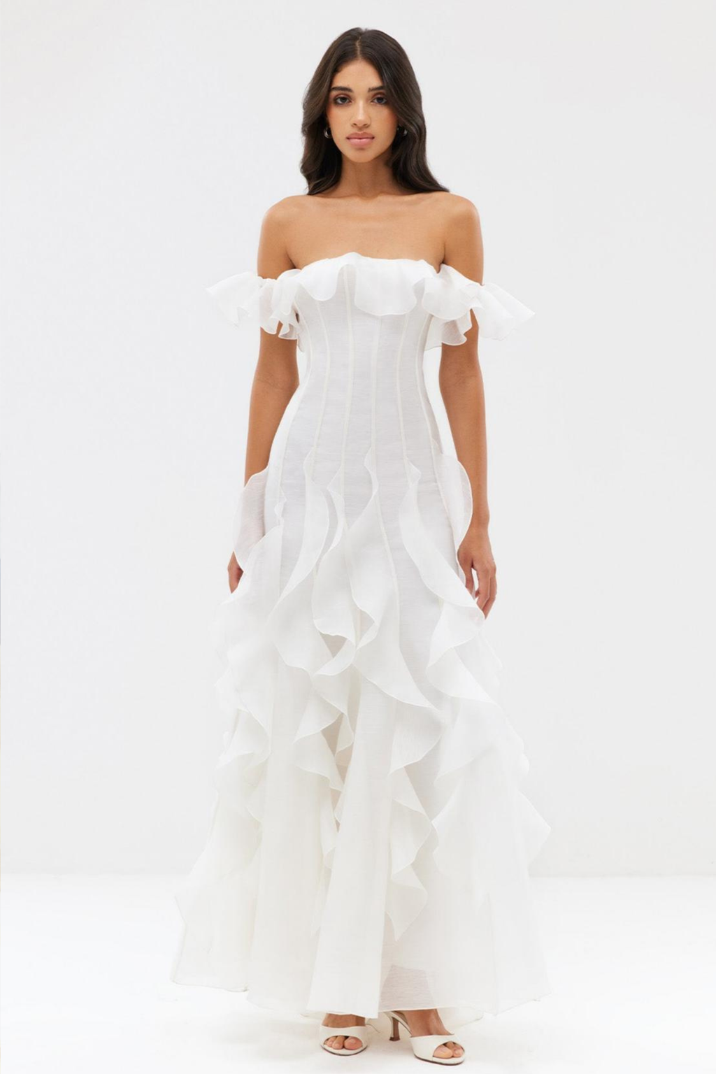 Frill Off Shoulder Maxi Dress with Romantic Silhouette