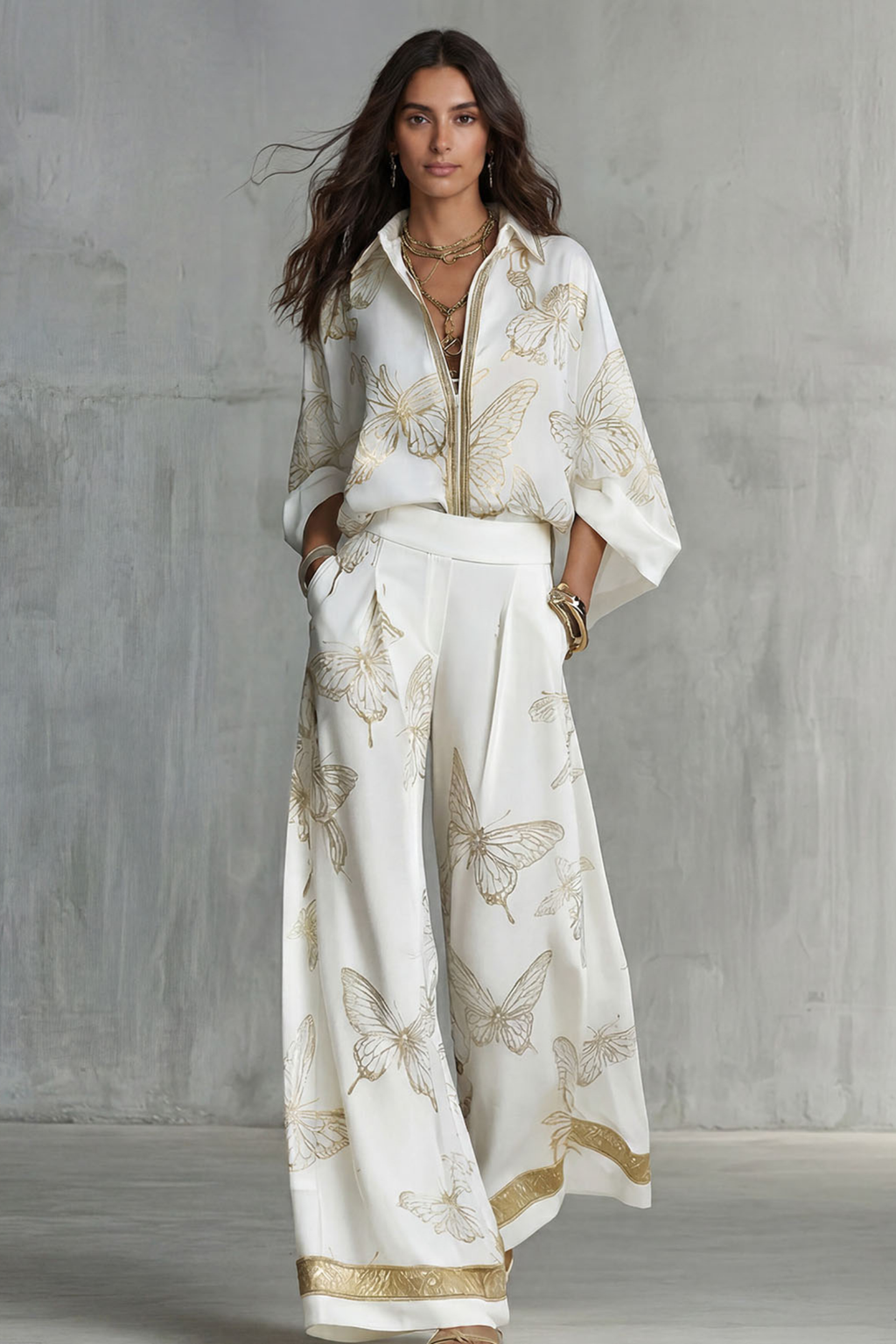 Butterfly Print Zip Front Two Piece Set