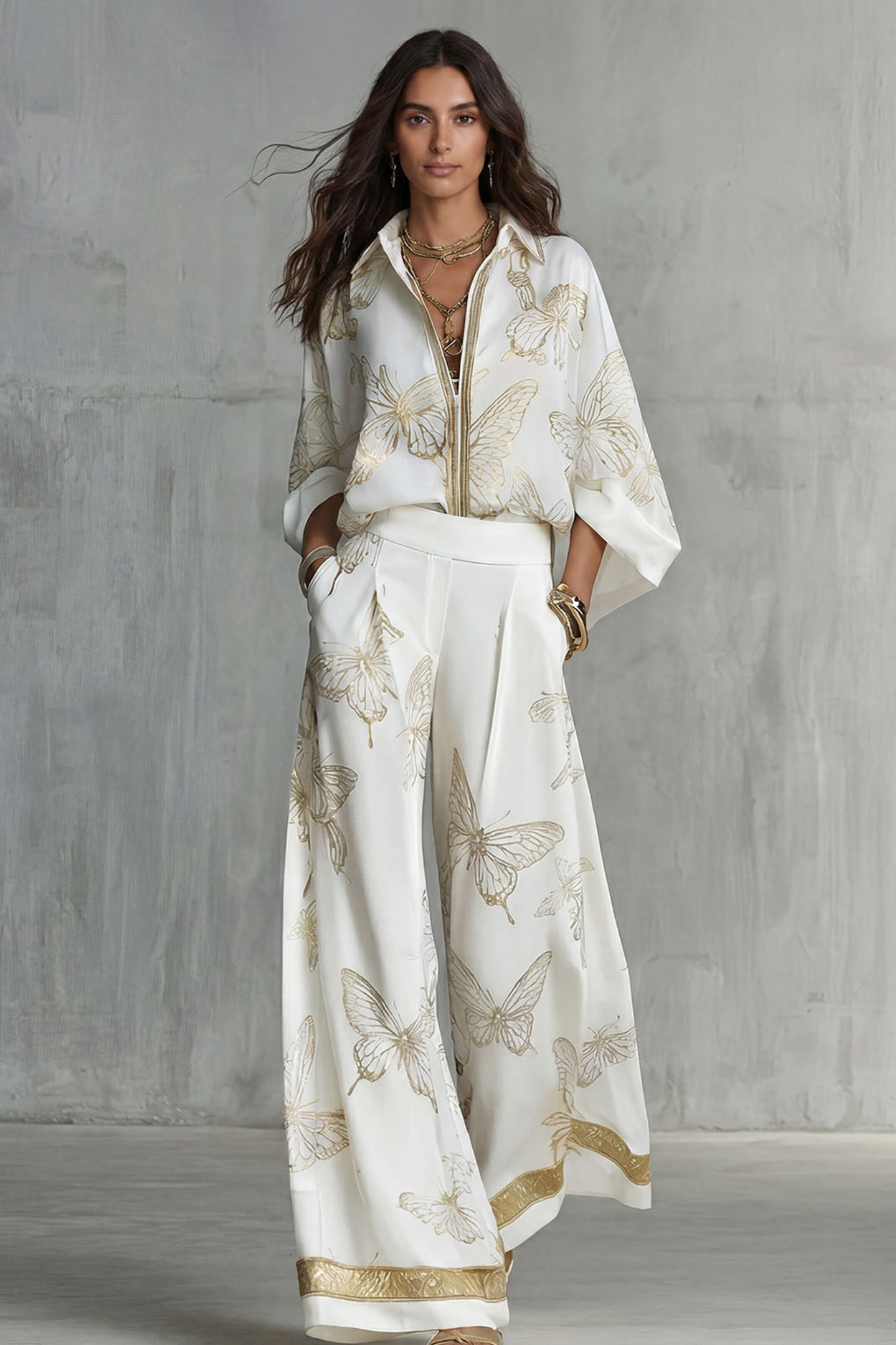Butterfly Print Zip Front Two Piece Set