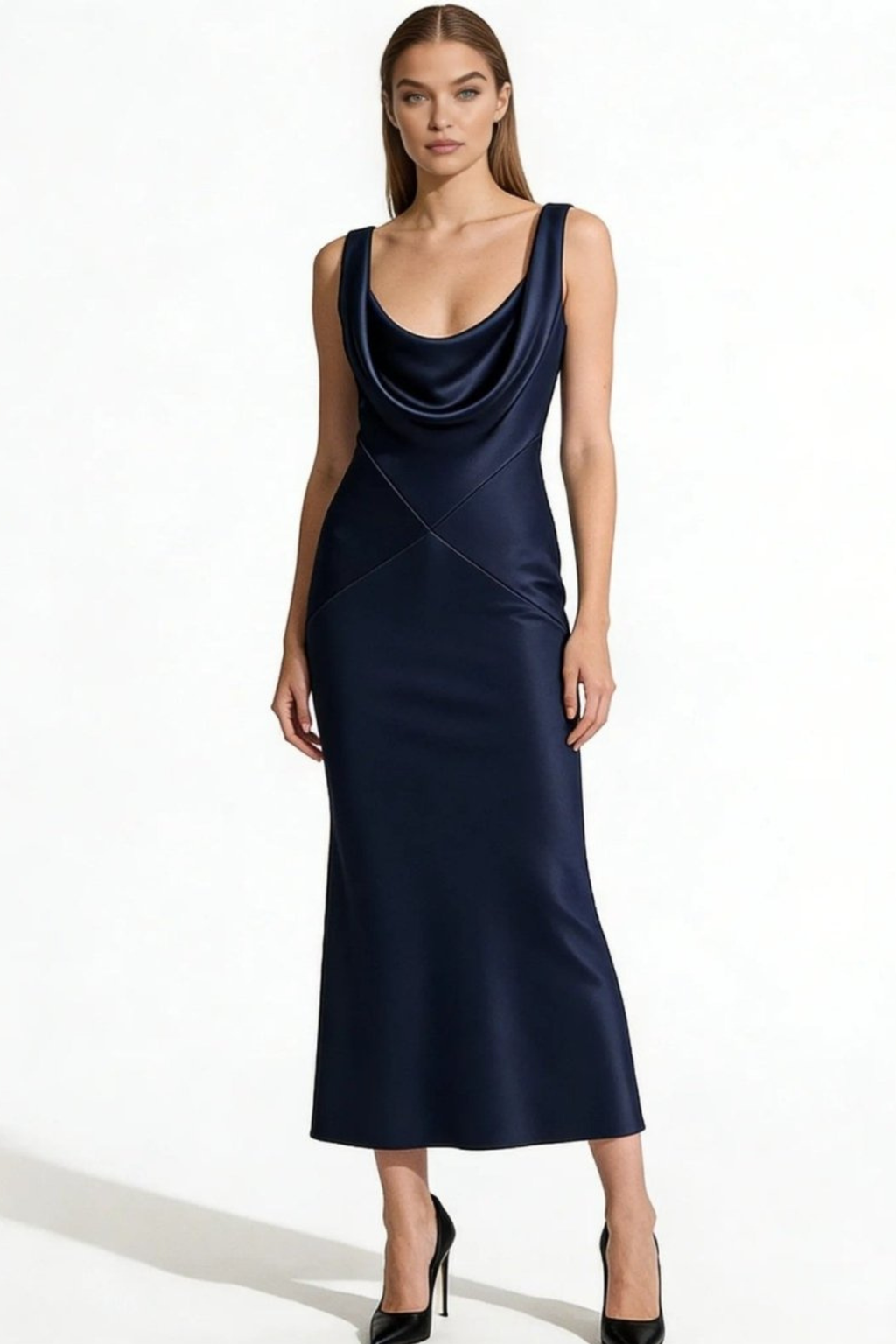 Cowl Neck Backless Satin Column Gown Dress