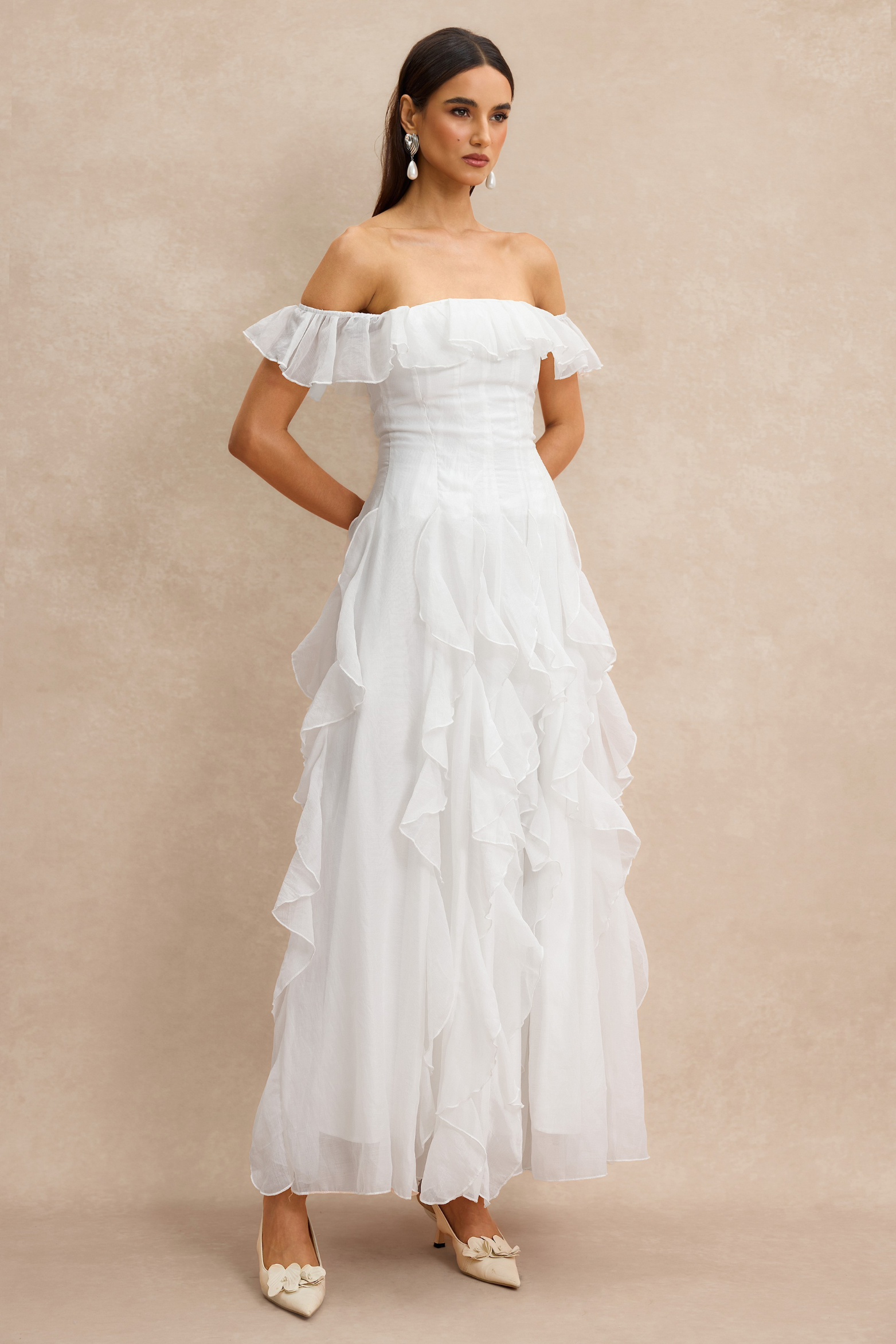 Off-Shoulder Frill Maxi Dress with Flowing Organza Design