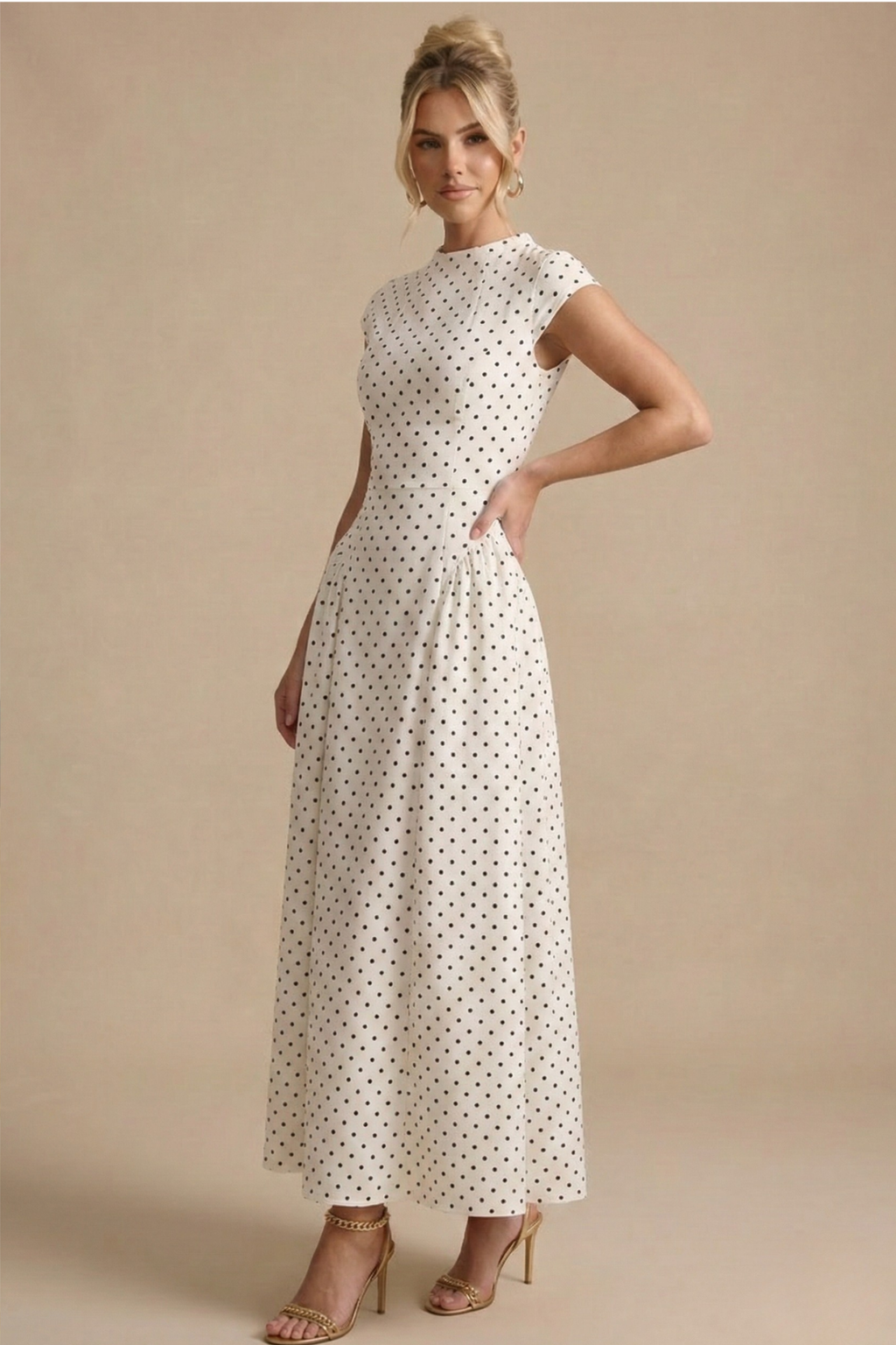 Vintage Inspired Polka Dot Maxi Dress with A Line Flow