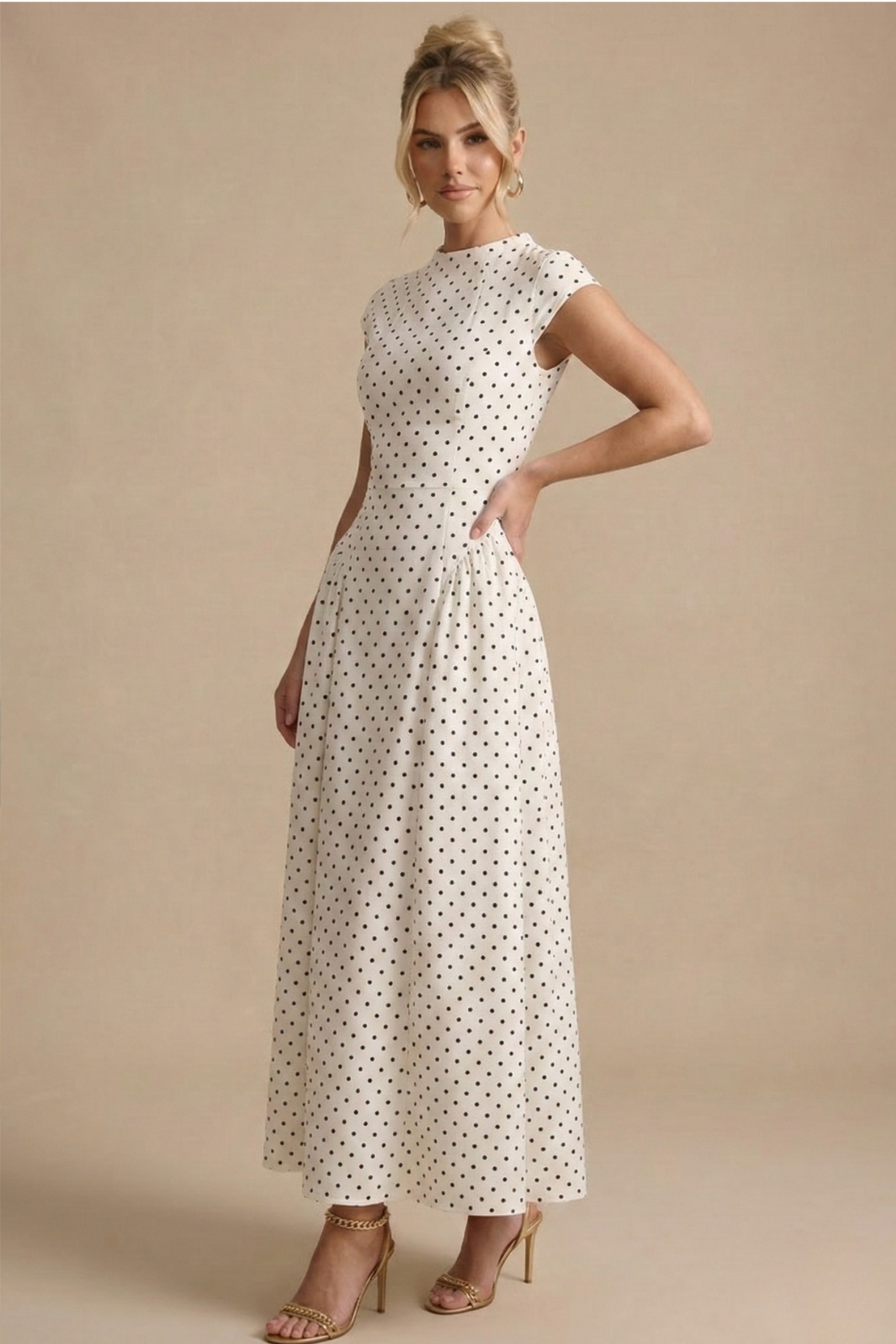 Vintage Inspired Polka Dot Maxi Dress with A Line Flow