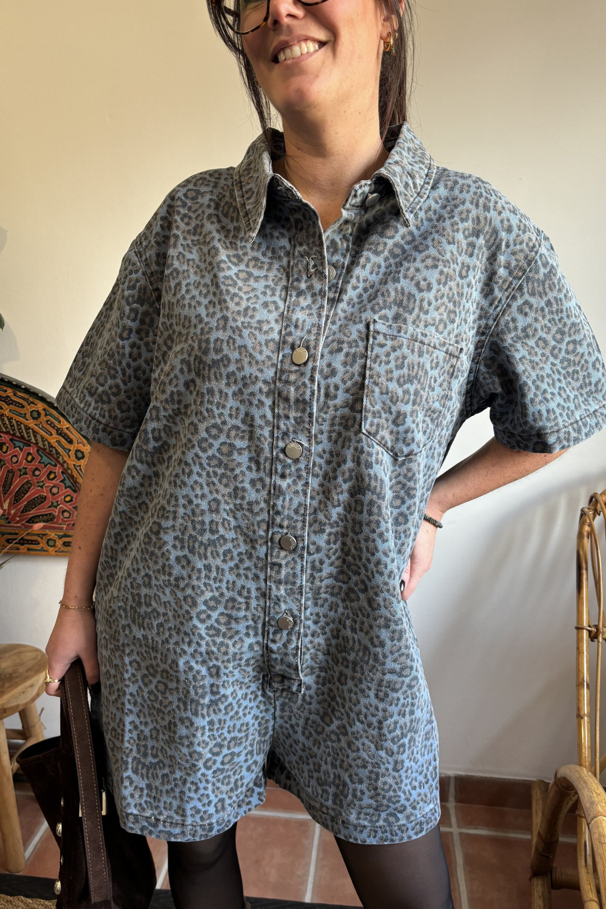 Blue Leopard Print Button Front Playsuit