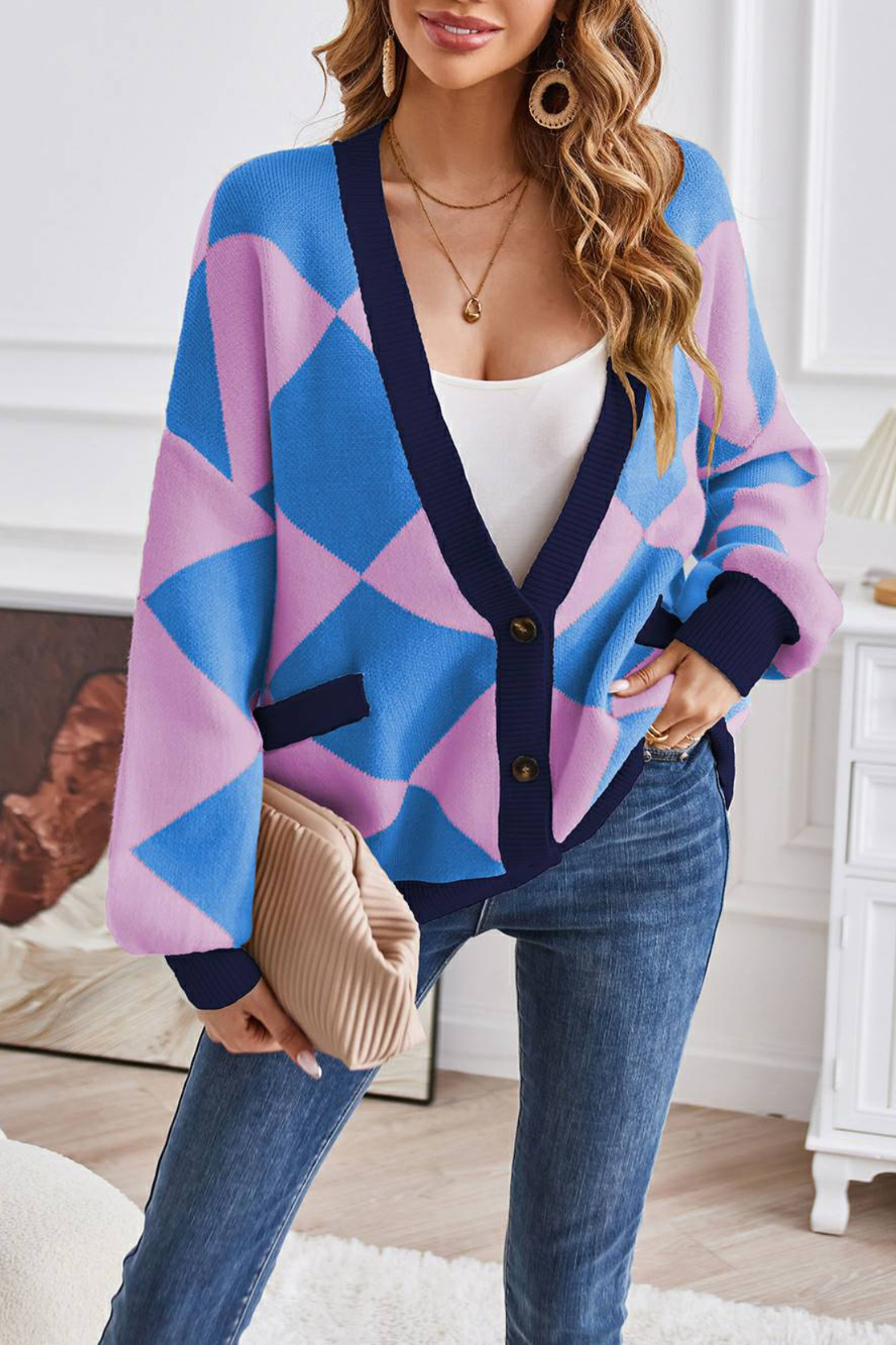 Women's Geometric Knit V Neck Cardigan