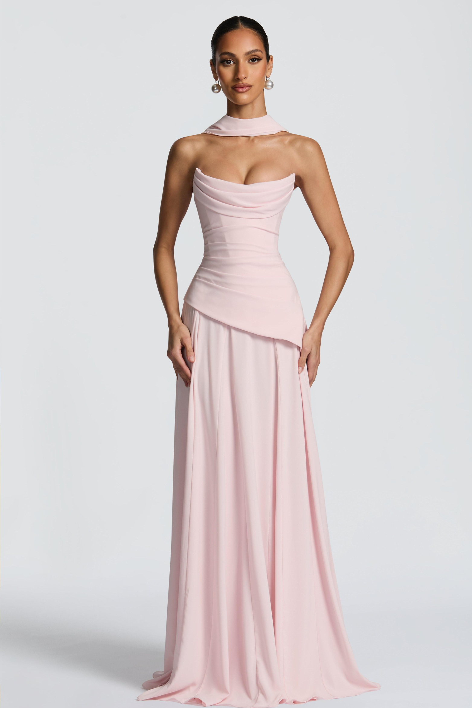 Ruched Off Shoulder Tie-Up Chiffon Maxi Dress