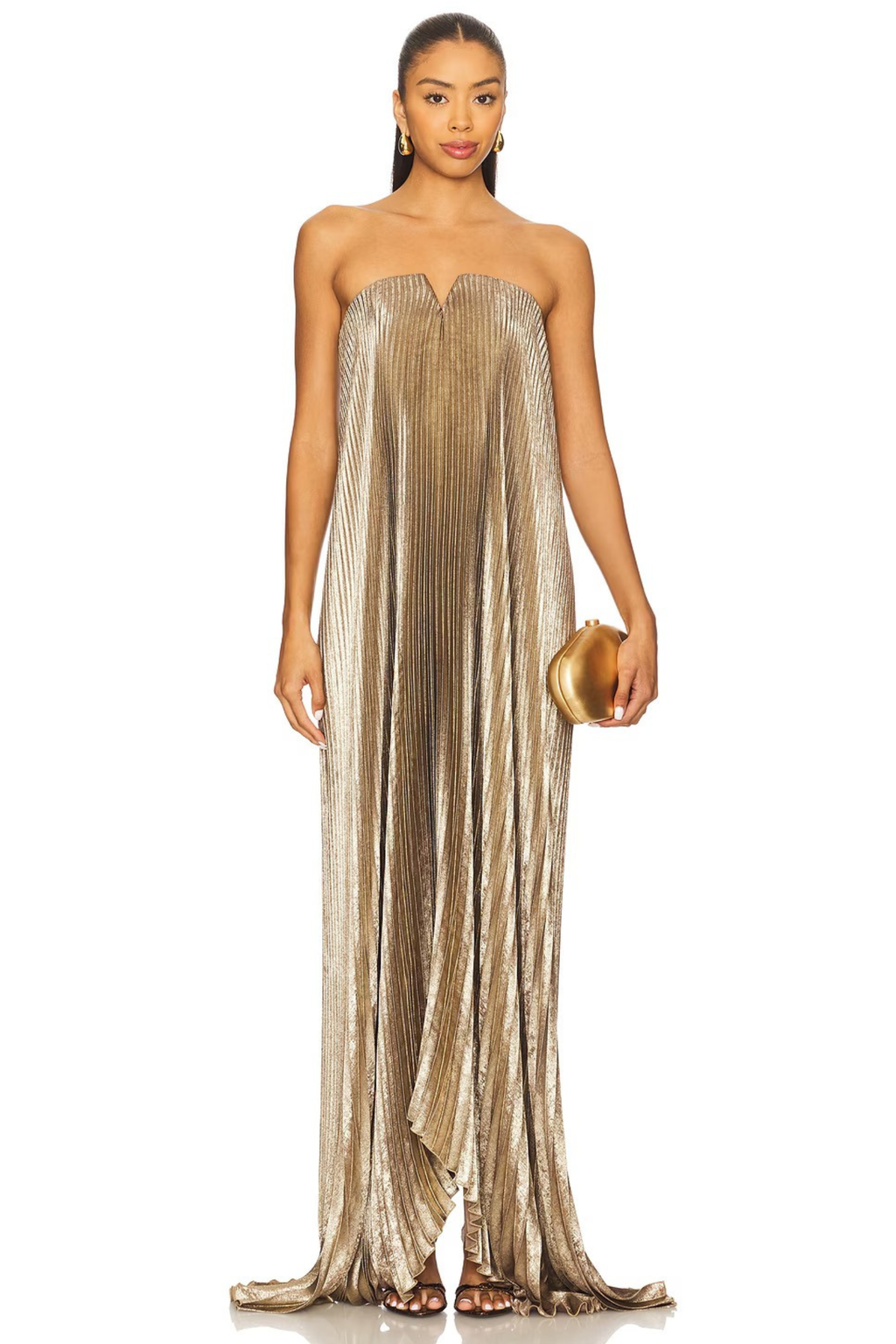 Gold Plisse Evening Maxi Dress
