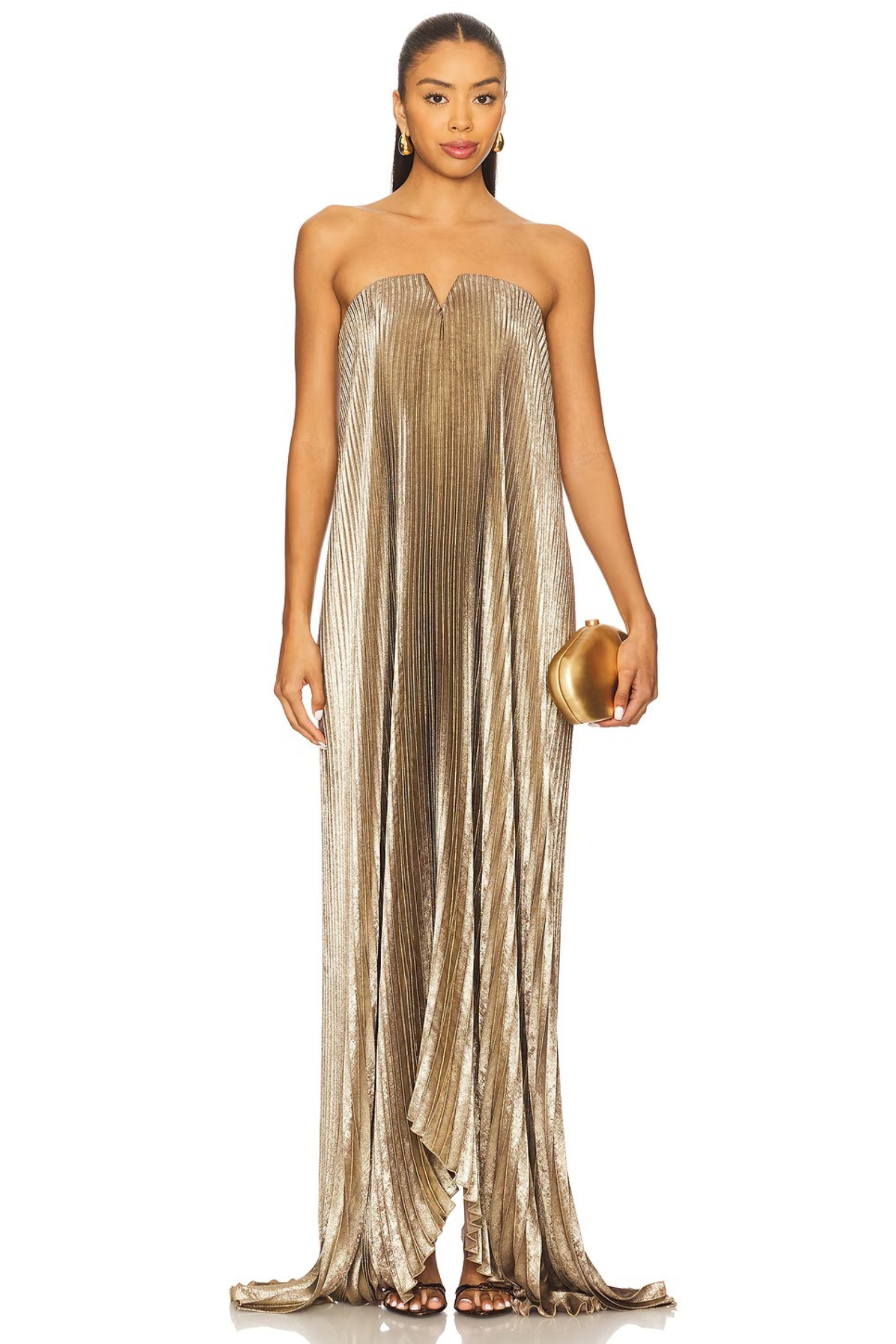 Gold Plisse Evening Maxi Dress