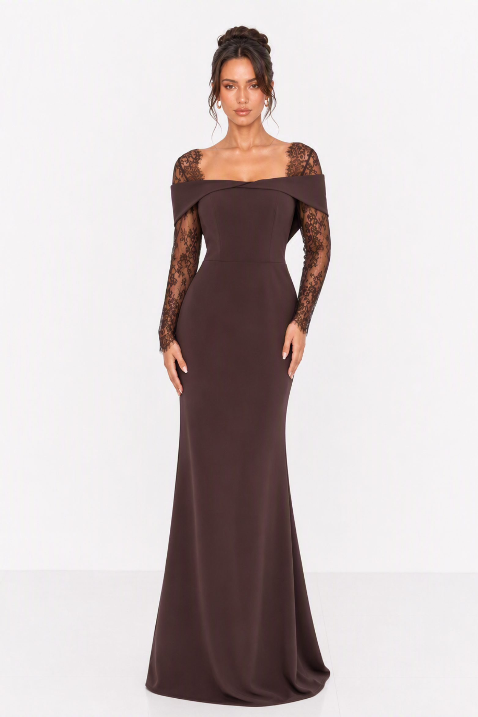 Off Shoulder Lace Sleeve Maxi Dress