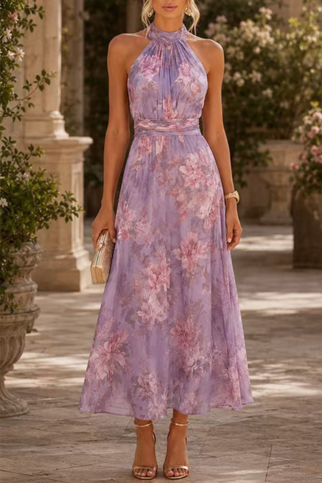 Floral Waisted Maxi Dress with Flowing Sleeveless Silhouette