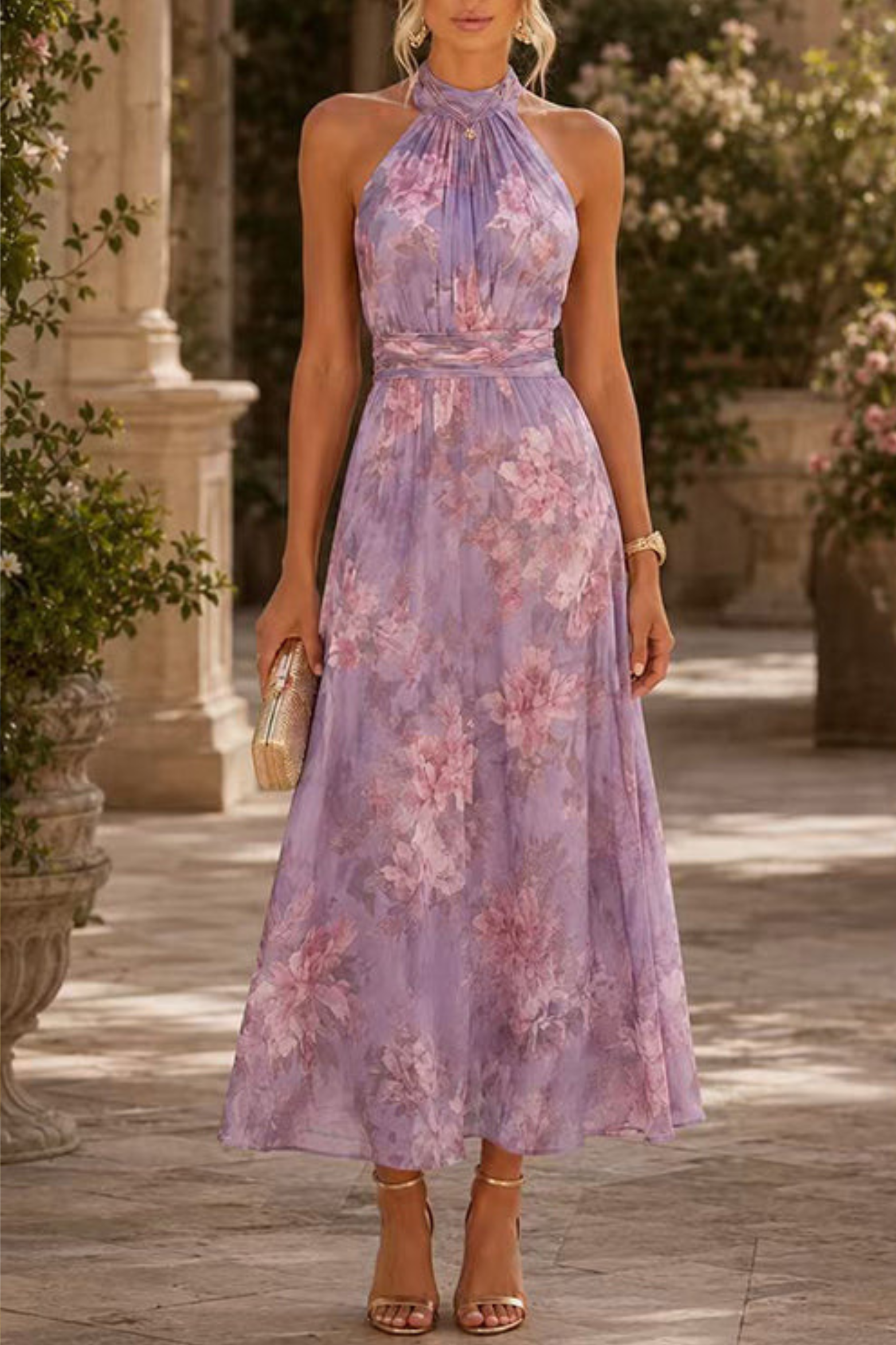 Floral Waisted Maxi Dress with Flowing Sleeveless Silhouette