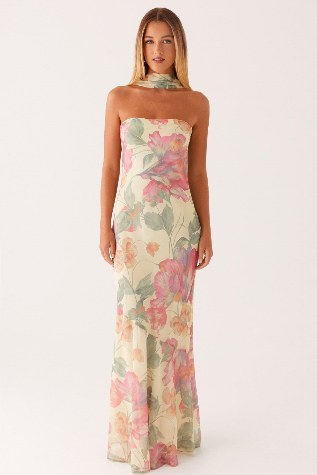 Floral Strapless Chiffon Maxi Dress with Pleated Detail