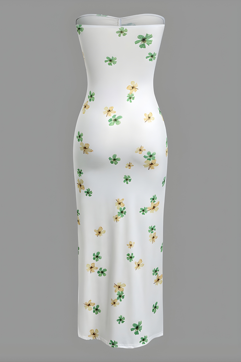 Floral Print Ruched Slit Strapless Maxi Dress