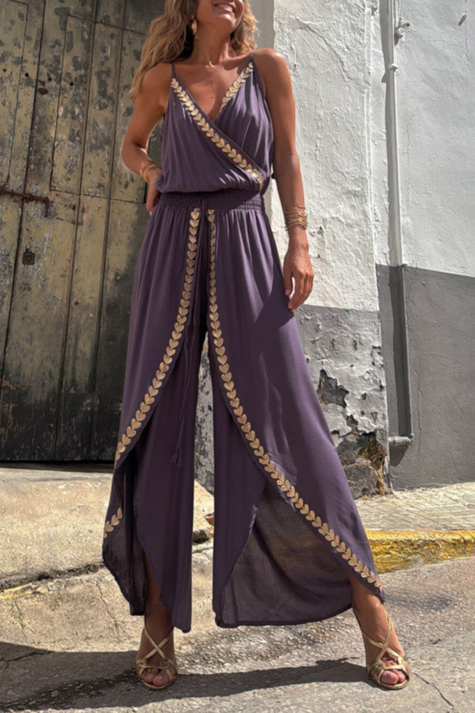 Cross Neck Backless Jumpsuit with Gold Trim Side Slit Design