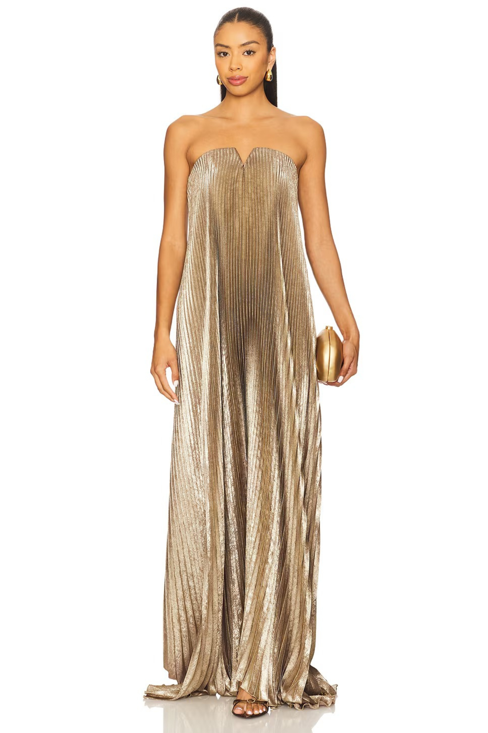 Gold Plisse Evening Maxi Dress