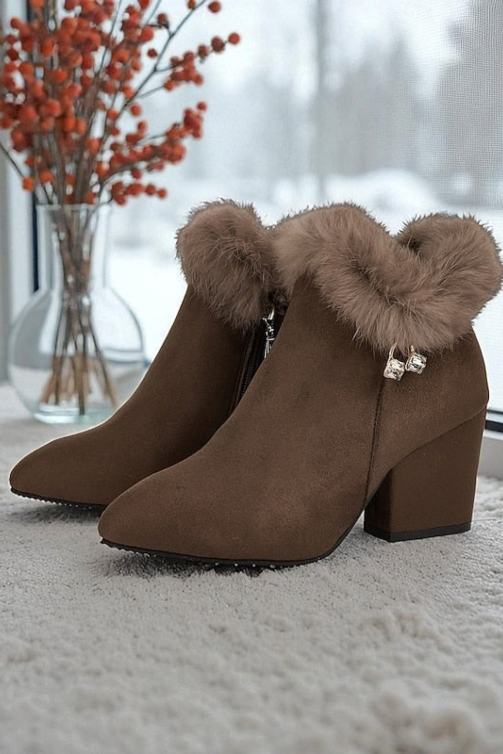 Fur Trim Block Heel Ankle Boots