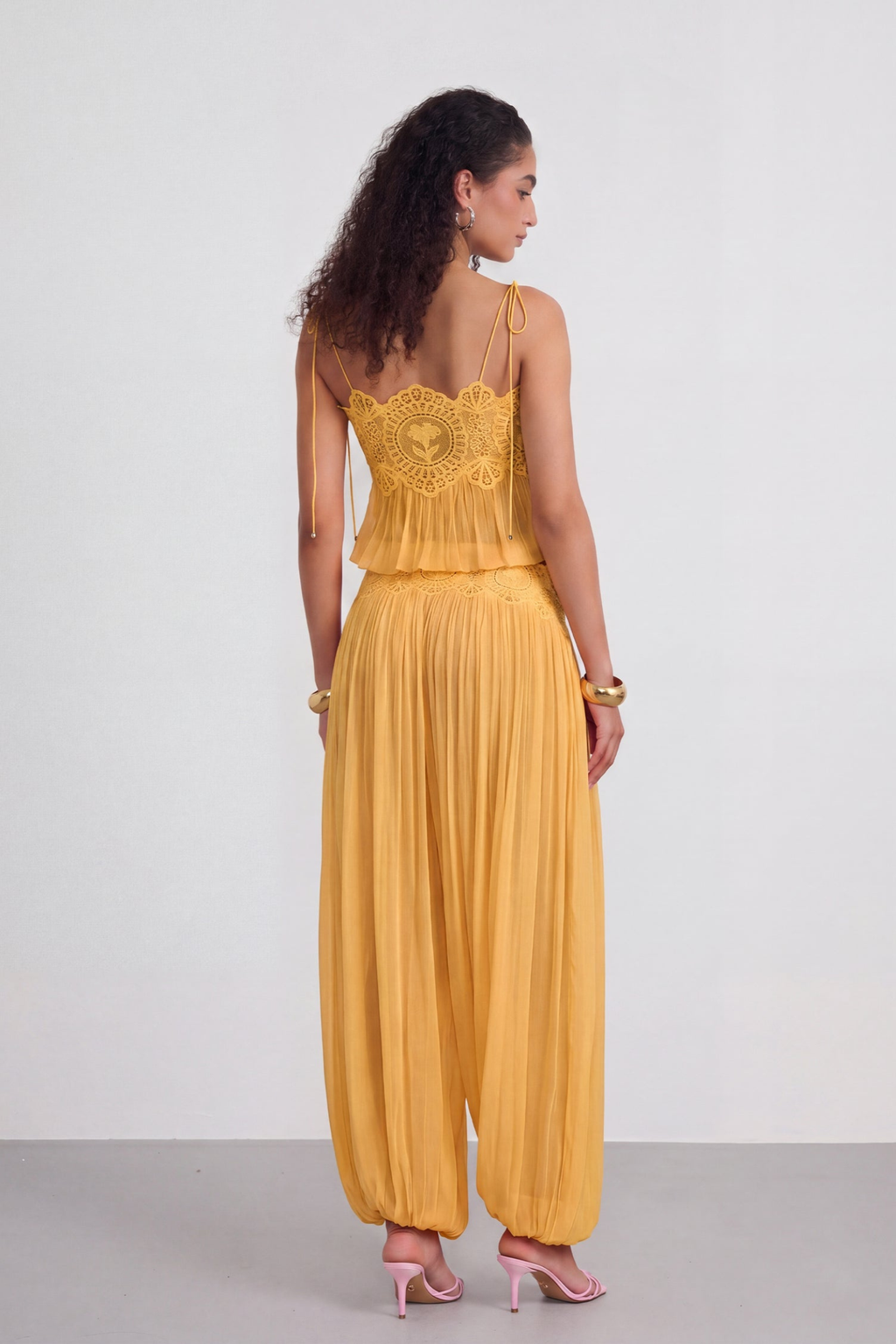 Blush Chiffon Two-Piece Set with Lace Trim Wide-Leg Pants