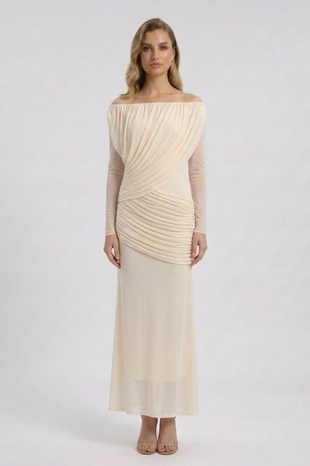 Off Shoulder Ruched Maxi Dress with Long Sleeves