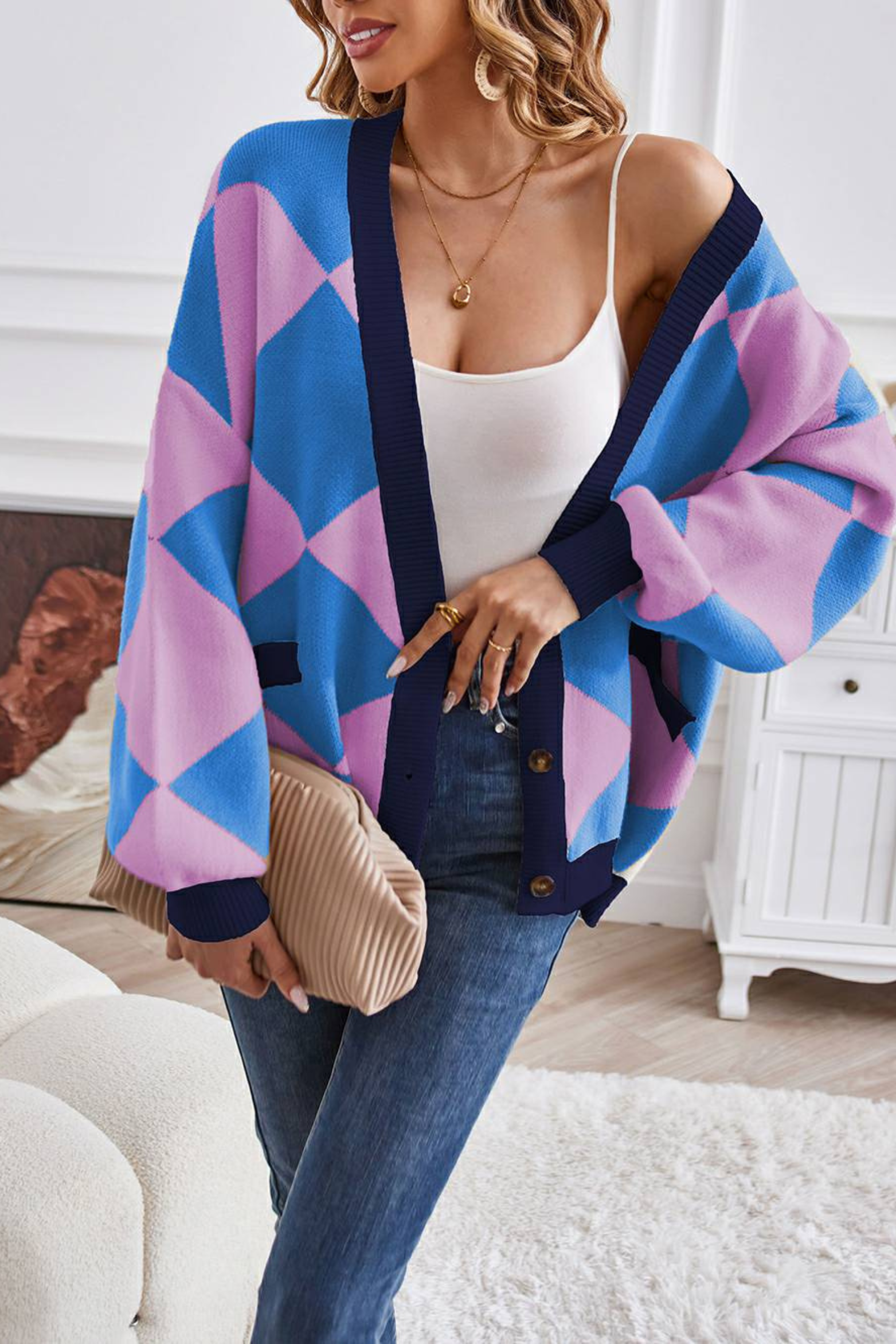 Women's Geometric Knit V Neck Cardigan