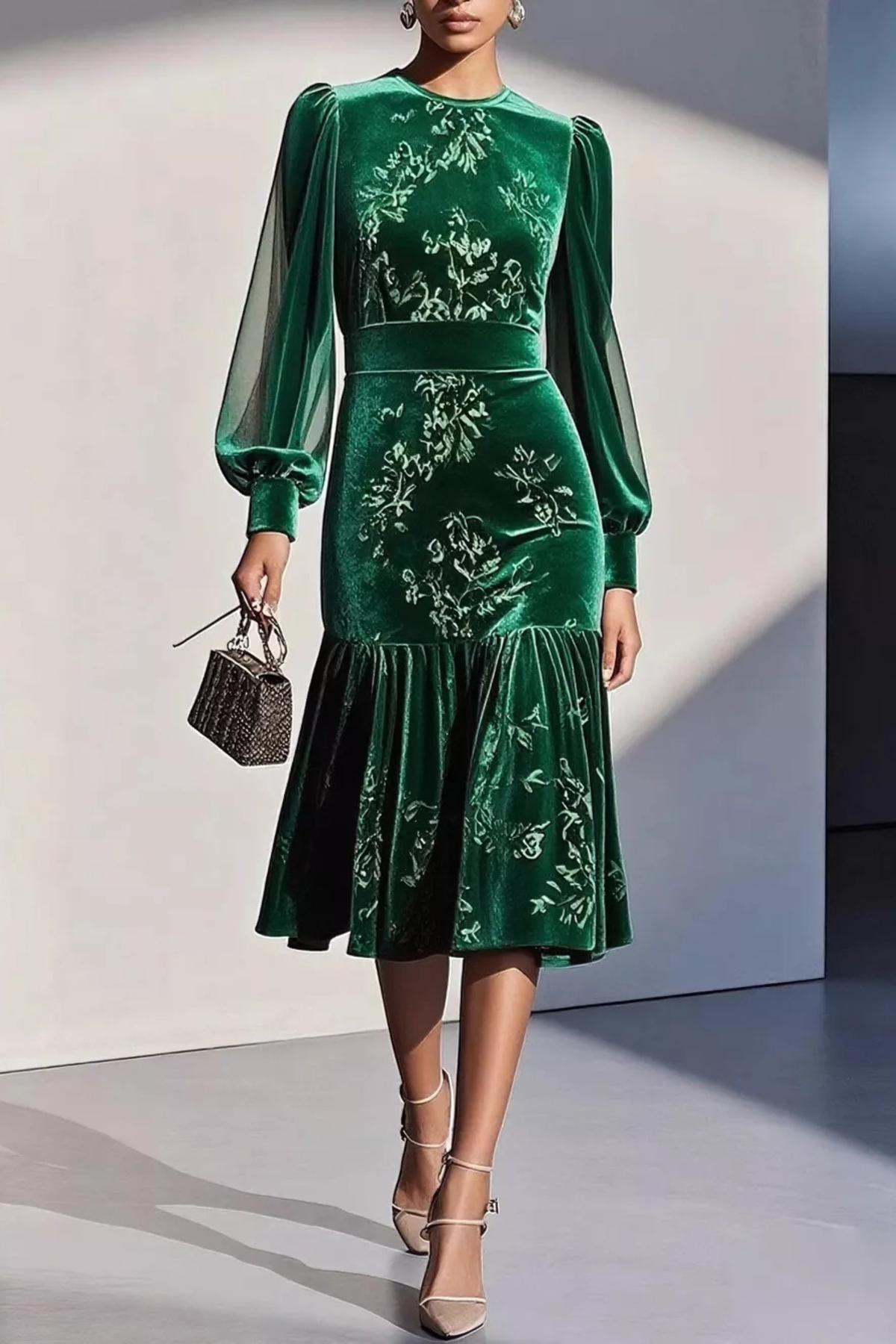 Floral Sheer Sleeve Midi Dress