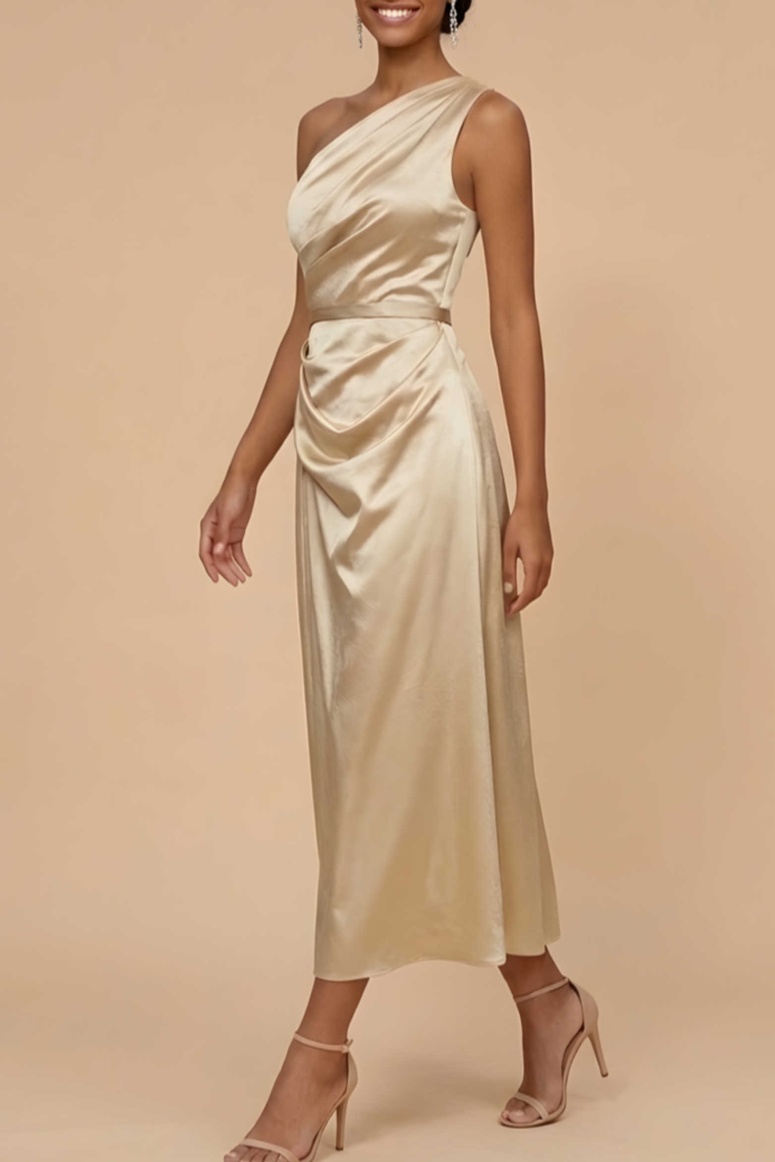 Draped One Shoulder A Line Midi Bridesmaid Dress