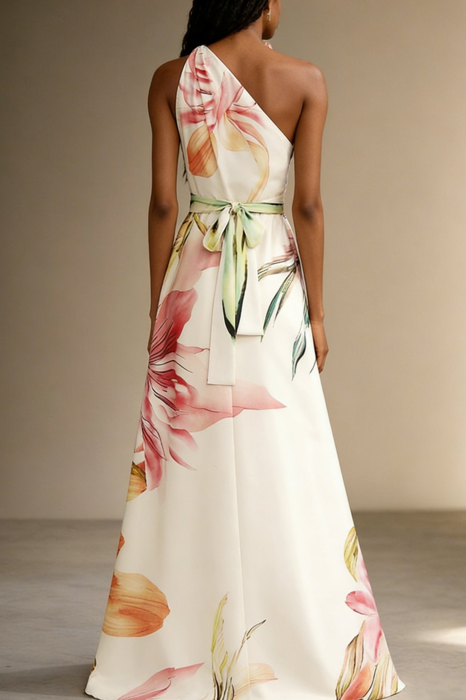 Pink Floral Satin One Shoulder Maxi Dress