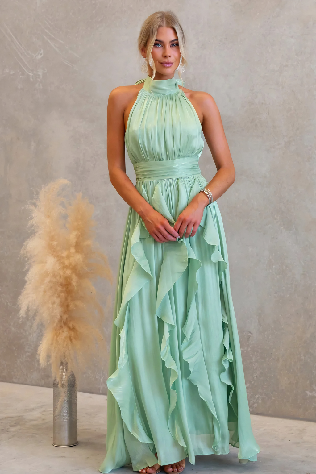 Coral Metallic Chiffon Ruffle Tie Neck Maxi Dress