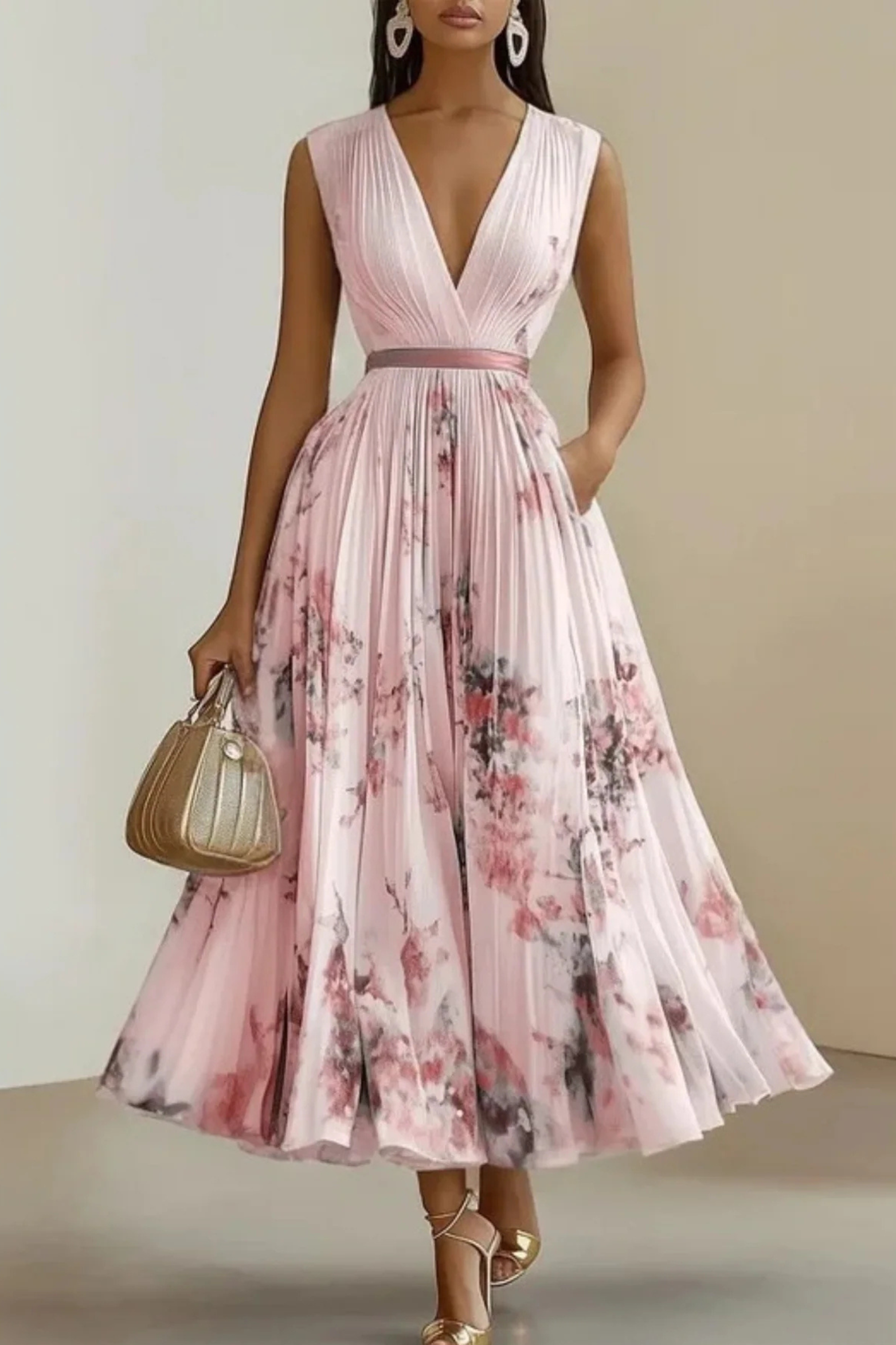 Sleeveless Pleated Flowy Summer Maxi Dress, Pink / S