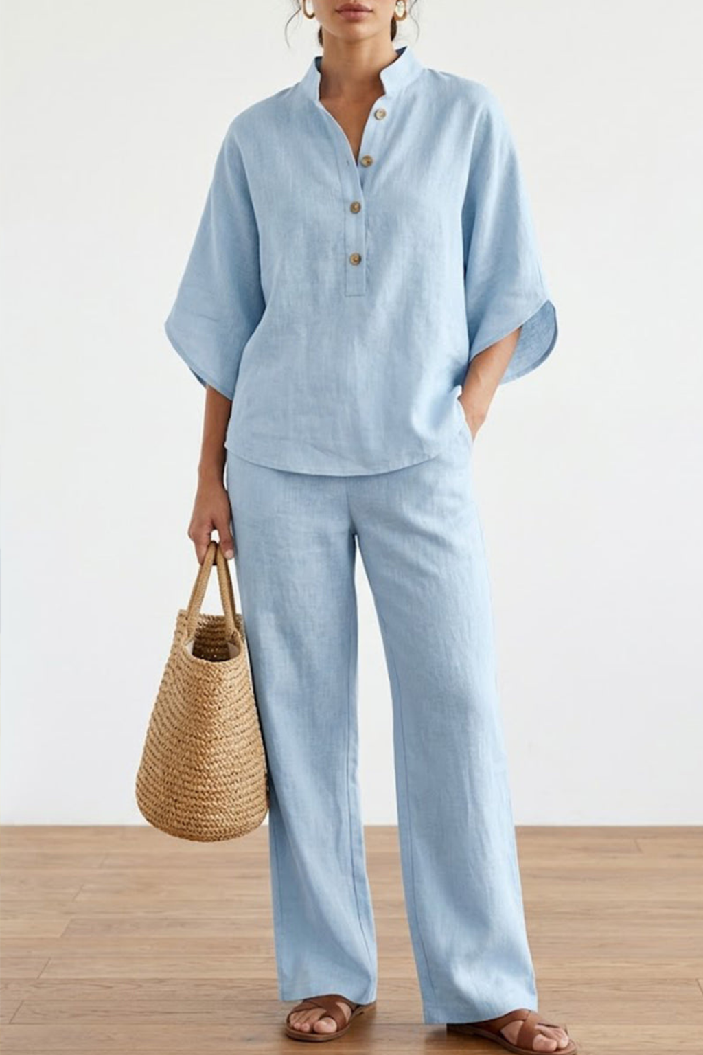 Casual Batwing Sleeve Linen Set