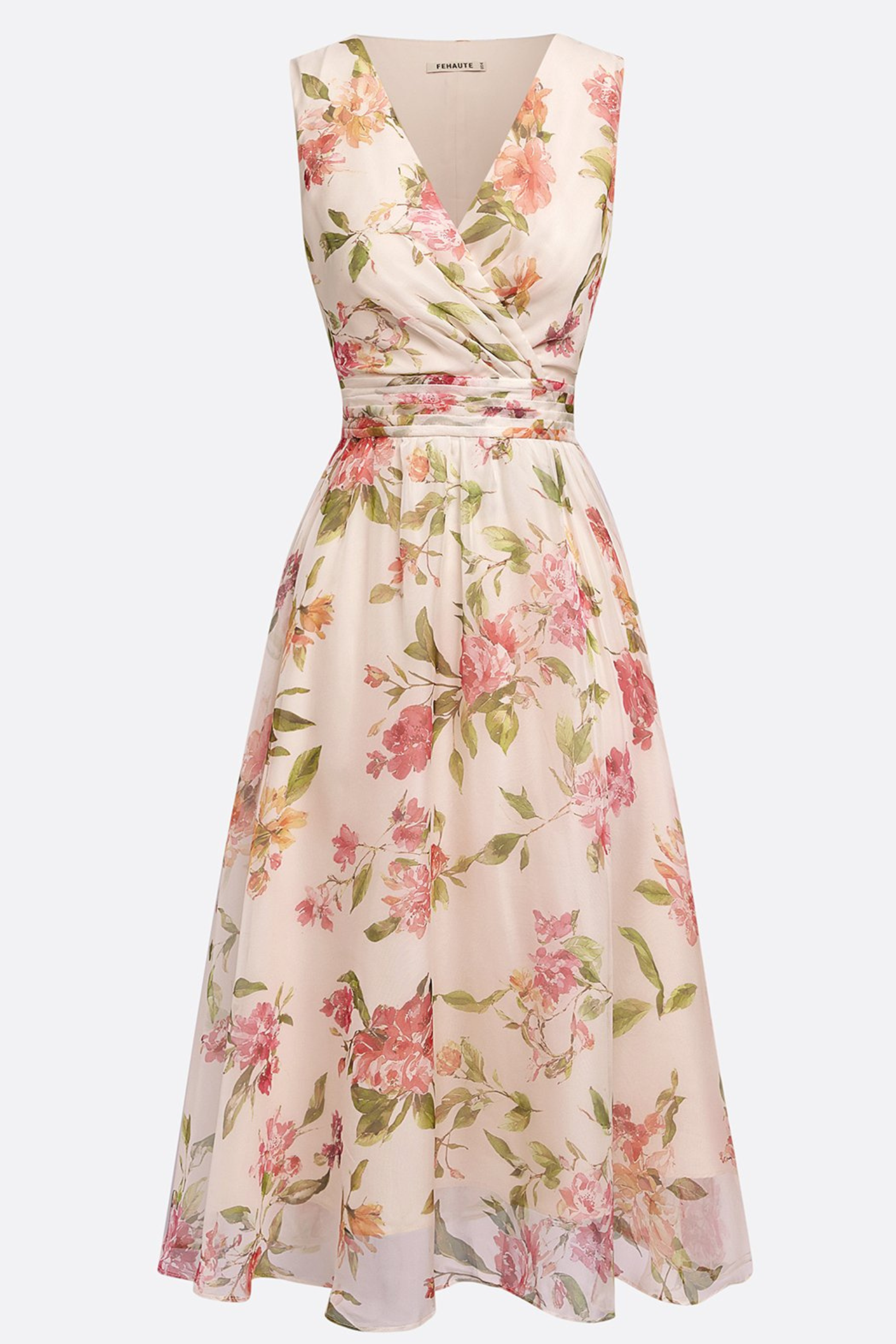 Soft Beige Floral Chiffon Midi Dress with Ruched V Neck, Beige / XS