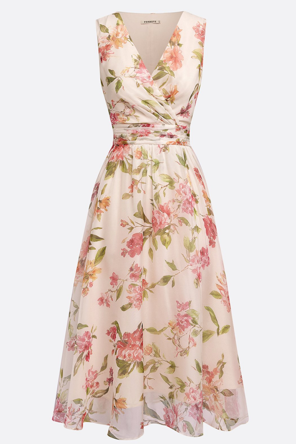 Soft Beige Floral Chiffon Midi Dress with Ruched V Neck