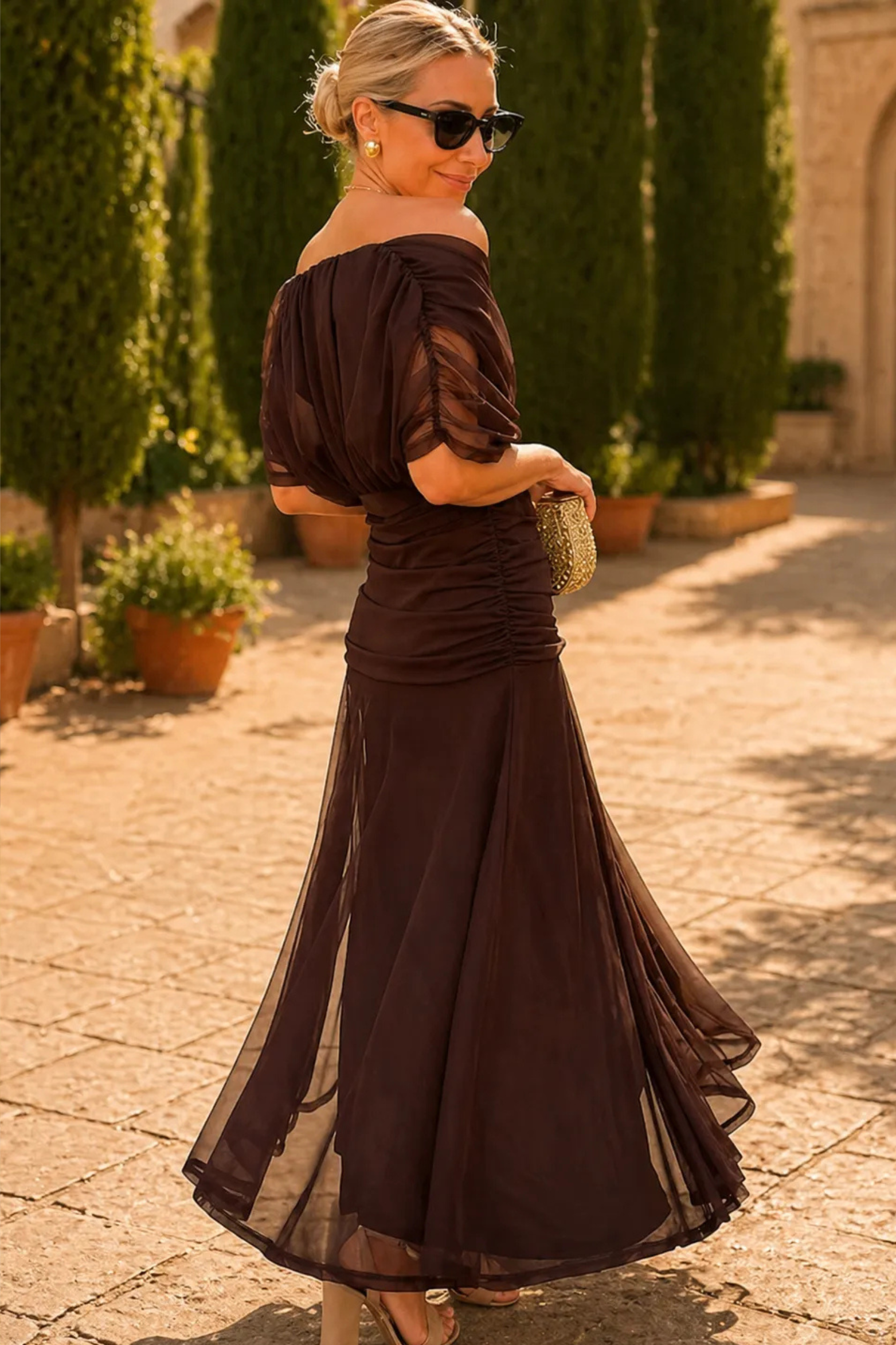 V-Neck Sheer Mesh Midi Dress with Sculpted Fit