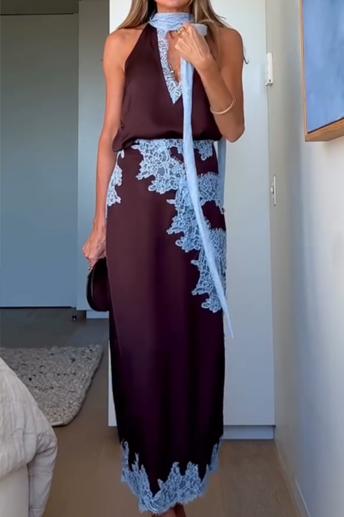 Brown and Blue Lace Panel Top & Skirt Suit Set Co Ord Set