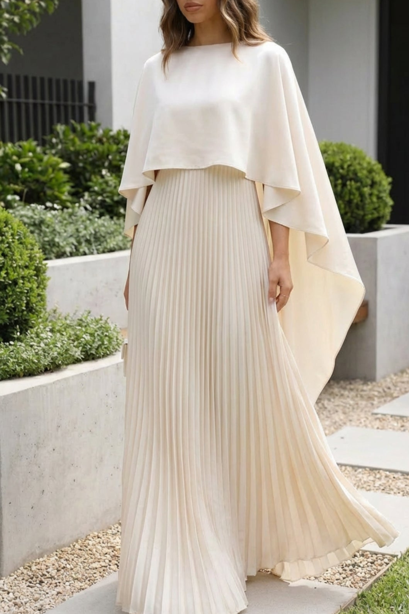 Cape Style Pleated Maxi Wedding Guest Dress