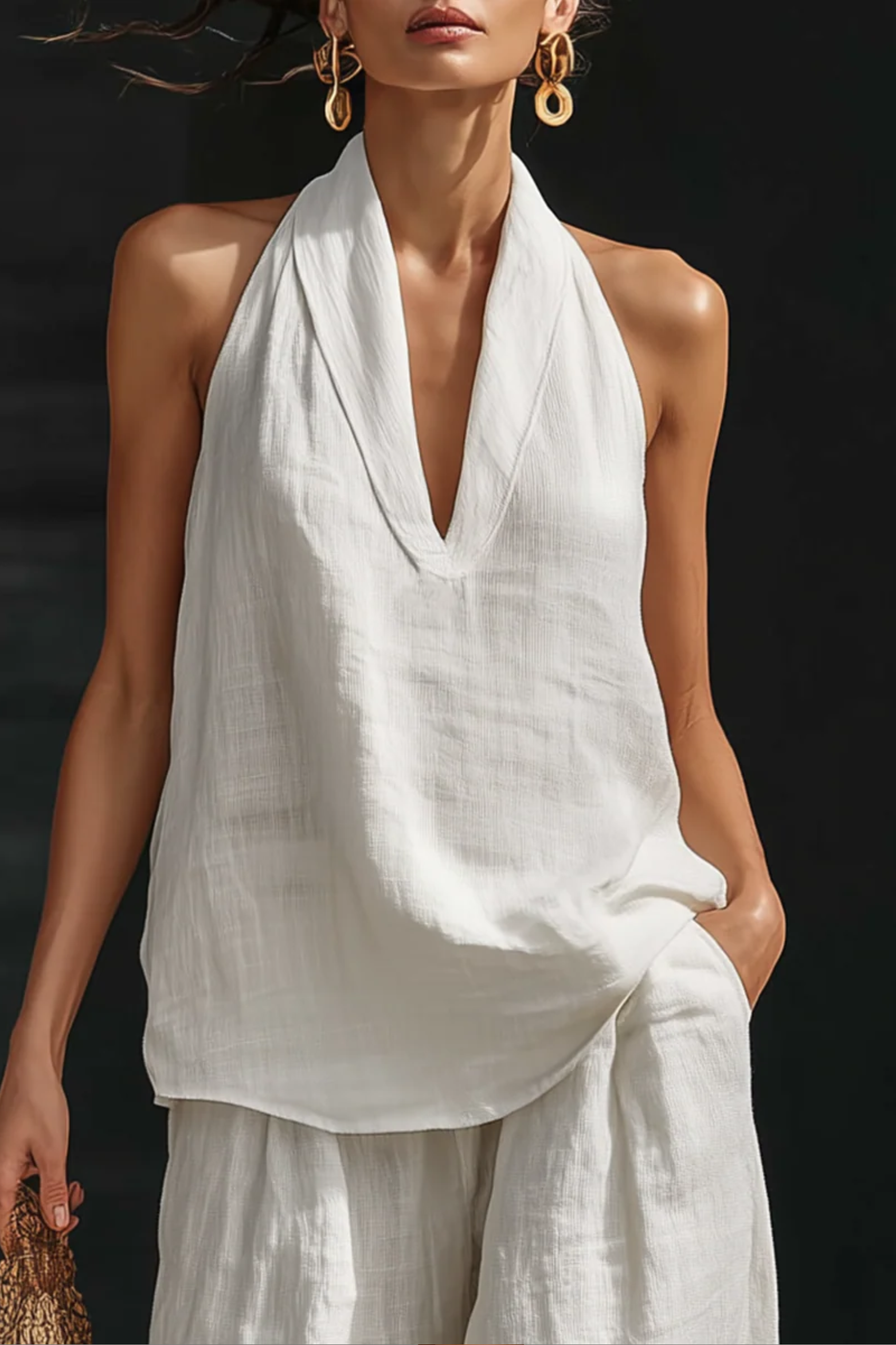 V Neck Sleeveless Linen Pants Set