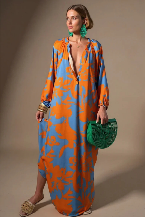 Abstract Print V Neck Kaftan Maxi Dress
