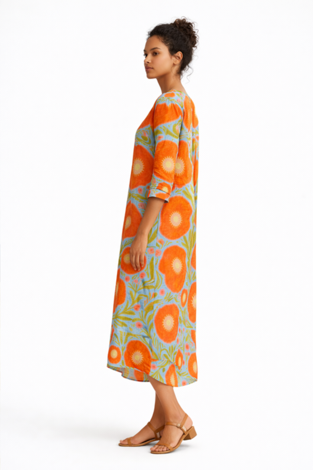 Vintage Floral Linen Dress with Abstract Art Print