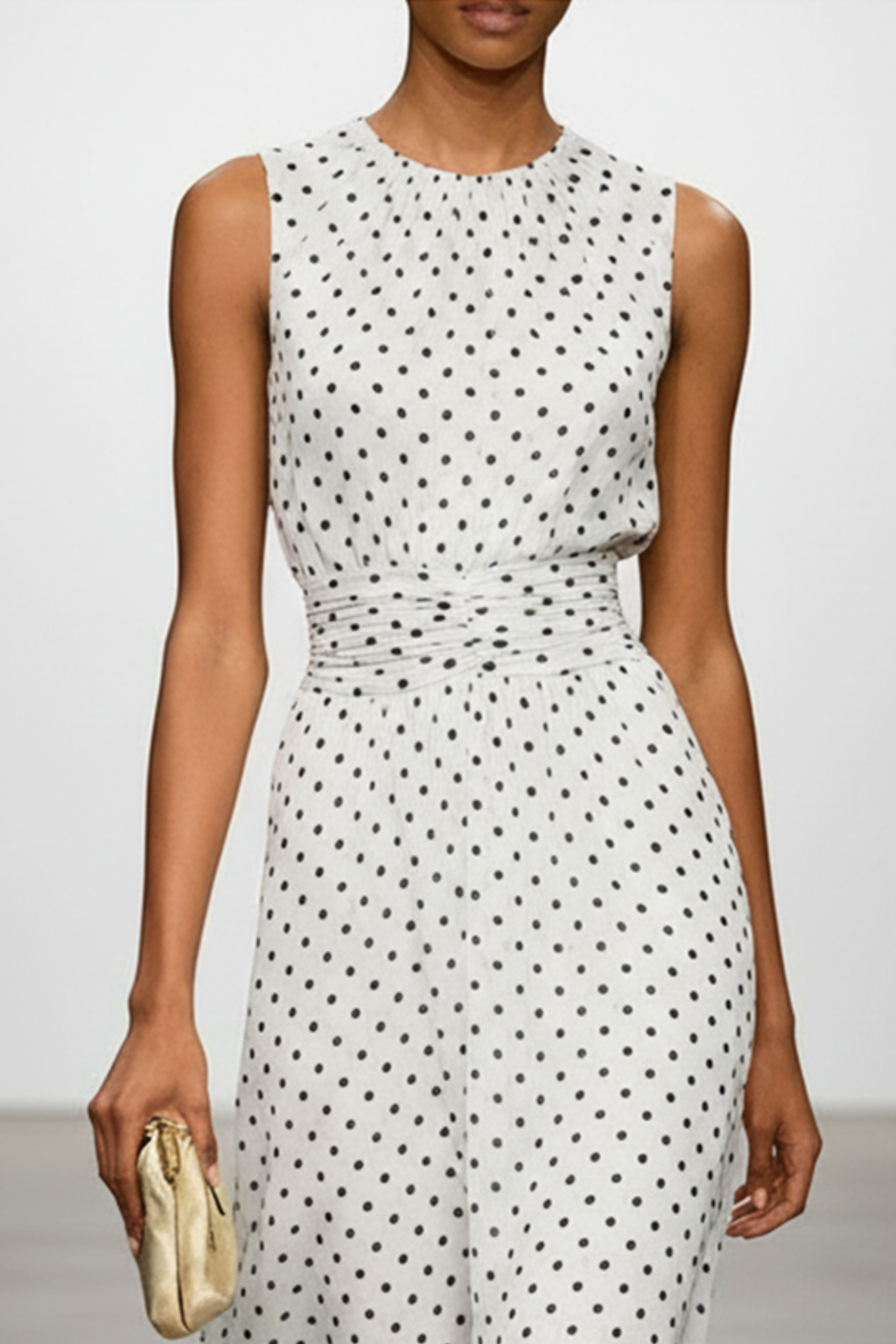 Ruched Chiffon Polkadot Maxi Dress with A Line Silhouette