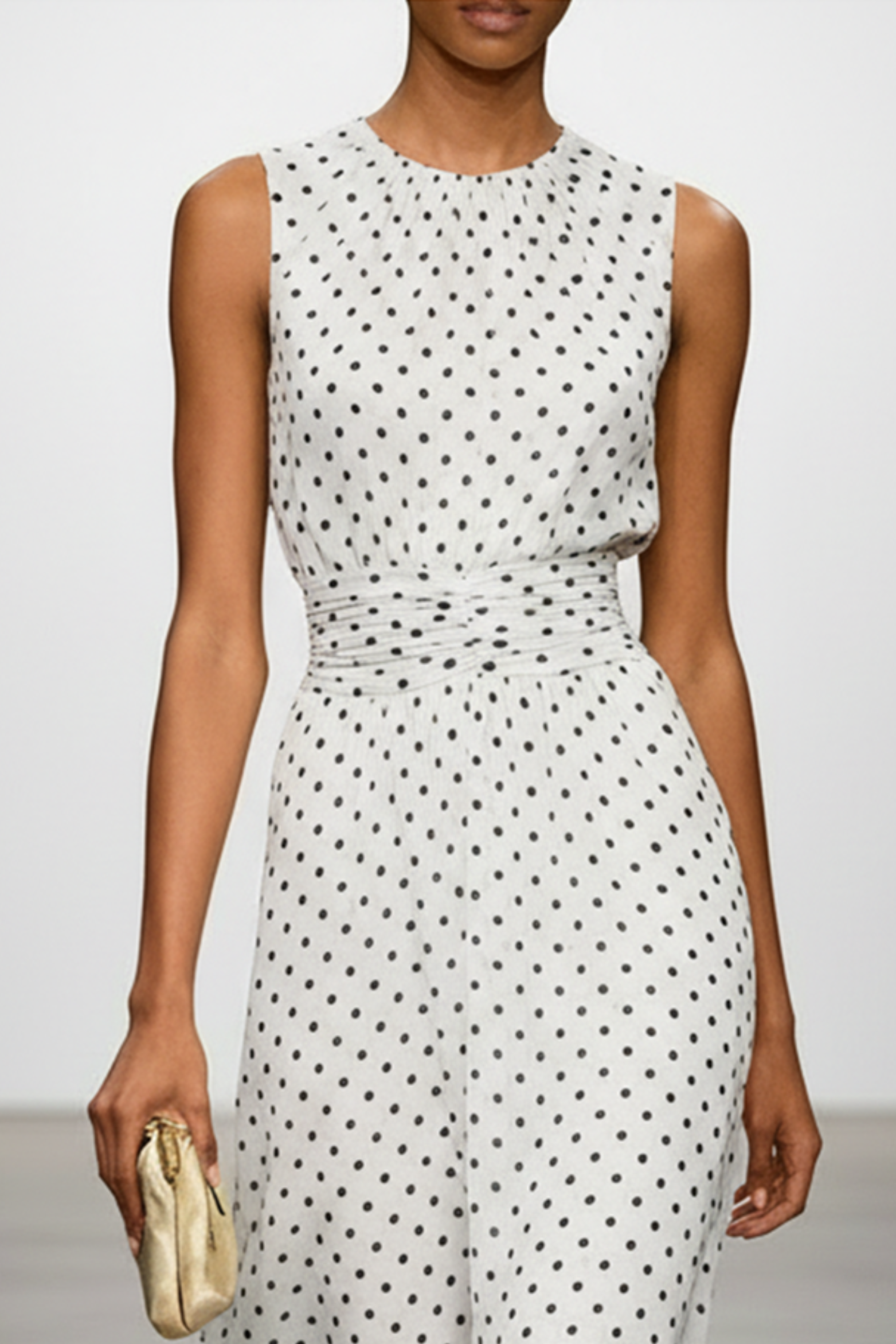 Ruched Chiffon Polkadot Maxi Dress with A Line Silhouette